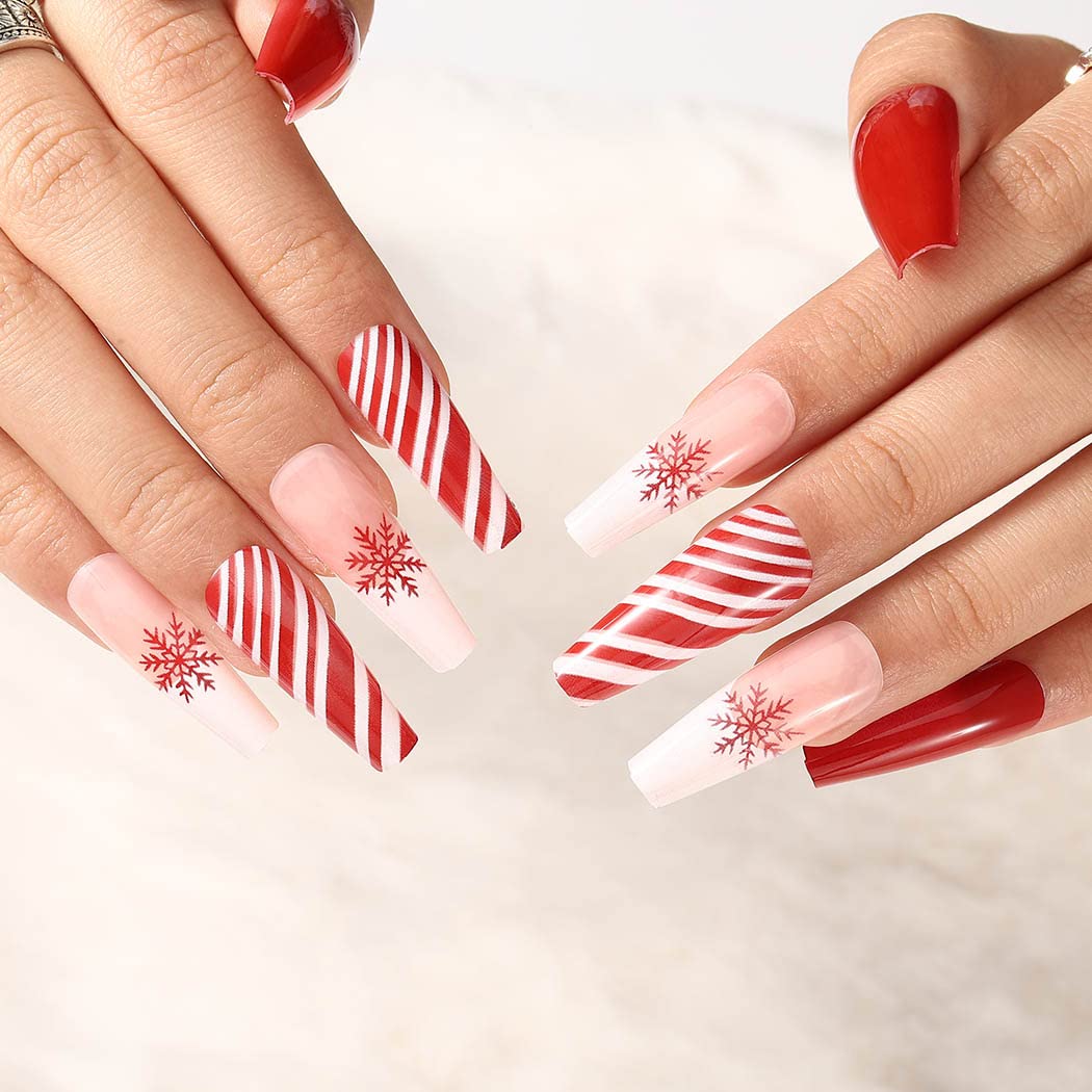 **Aksod 24Pcs Christmas Press on Nails - Glossy Red Coffin Fake Nails with Snowflake Design, Super Long Ballerina Full Cover Artificial Nails for Women & Girls | Perfect for Holiday Parties, Gift Giving & Special Occasions**