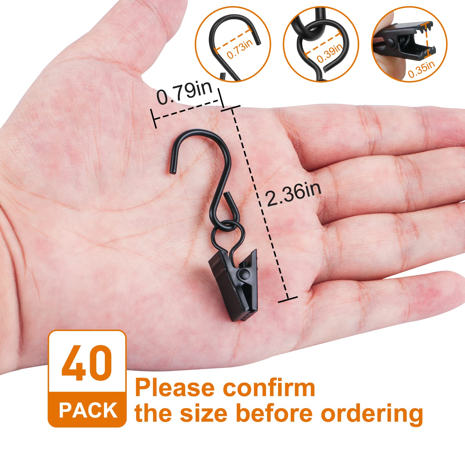 40 PCS Stainless Steel Curtain Clips with S Hooks for Outdoor String Lights - Heavy Duty RV Awning & Gutter Light Clips (Black) - Perfect for Patio, Garden, Camping and Backyard Decoration