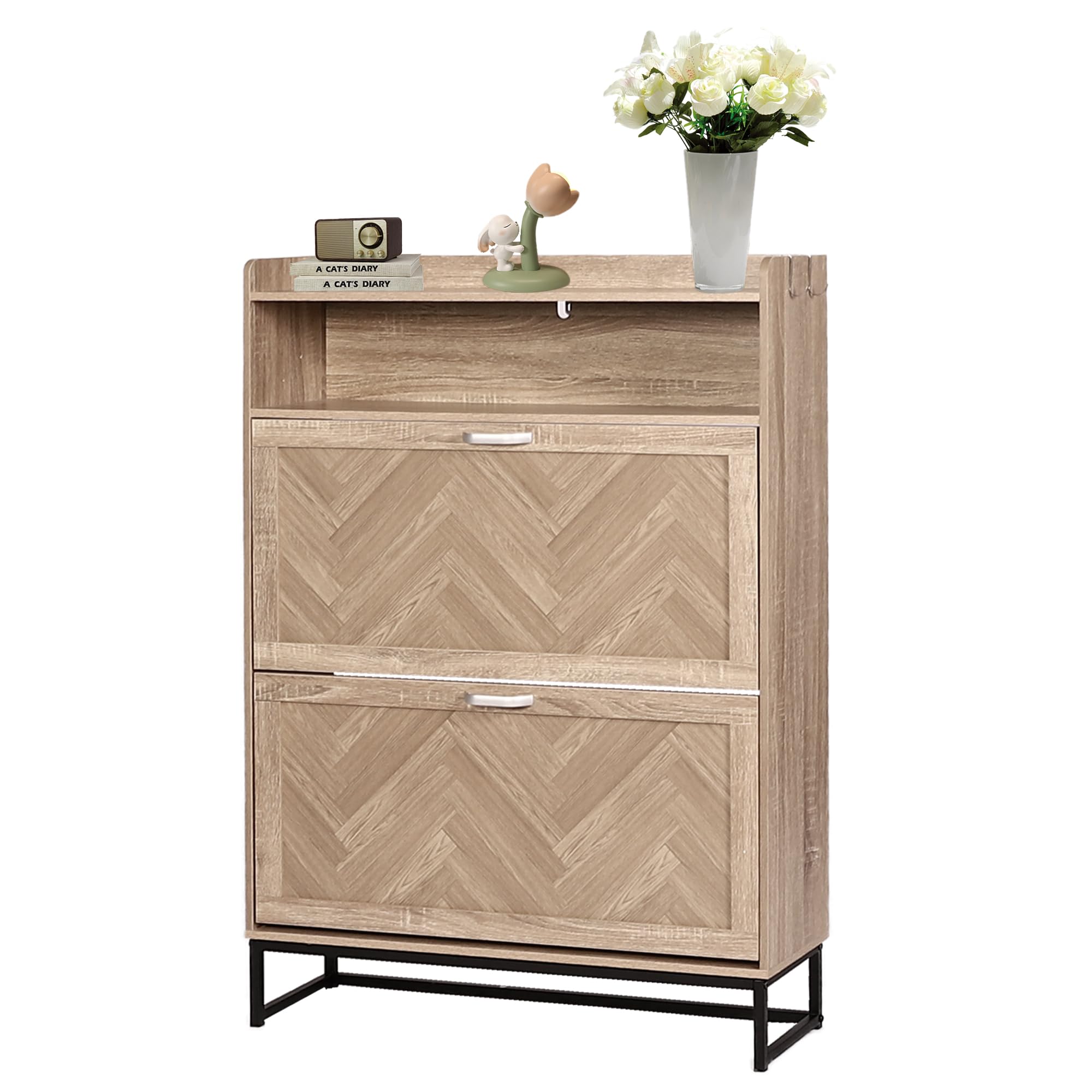 4-Tier Flip-Drawer Shoe Storage Cabinet - Space-Saving Entryway Shoe Organizer with Metal Legs & Open Storage - Freestanding Narrow Shoe Rack for Foyer, Hallway - Perfect for Small Spaces & Apartment Living
