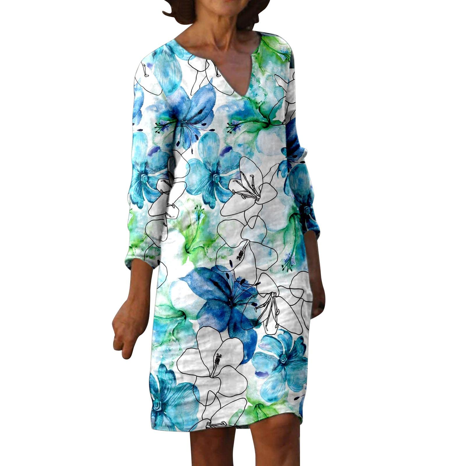 Vintage Floral Print Women's Casual Dress - V Neck Cotton Linen Midi Long Sleeve Sweater Dress in Blue | Perfect for Fall Outfits, Office Wear & Date Night Looks