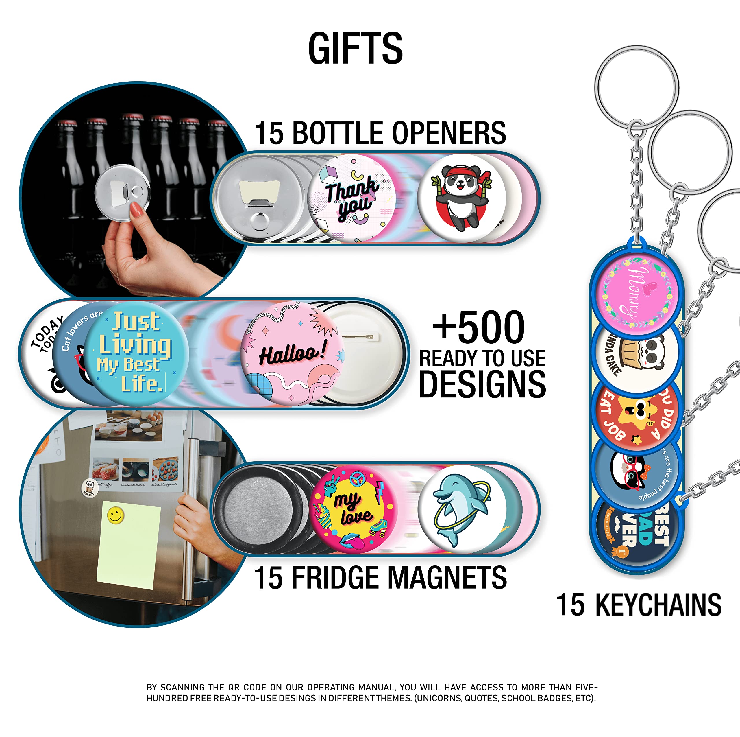 Professional Button Maker Machine Kit - 1/1.25/2.25 Inch Multiple Sizes (Includes 500 Buttons, 15 Bottle Openers, 15 Fridge Magnets, 15 Keychain Buttons, 500+ Designs & 3 Cutters) - DIY Pin Badge Press for Crafting, Events, Promotions & Fundraisers