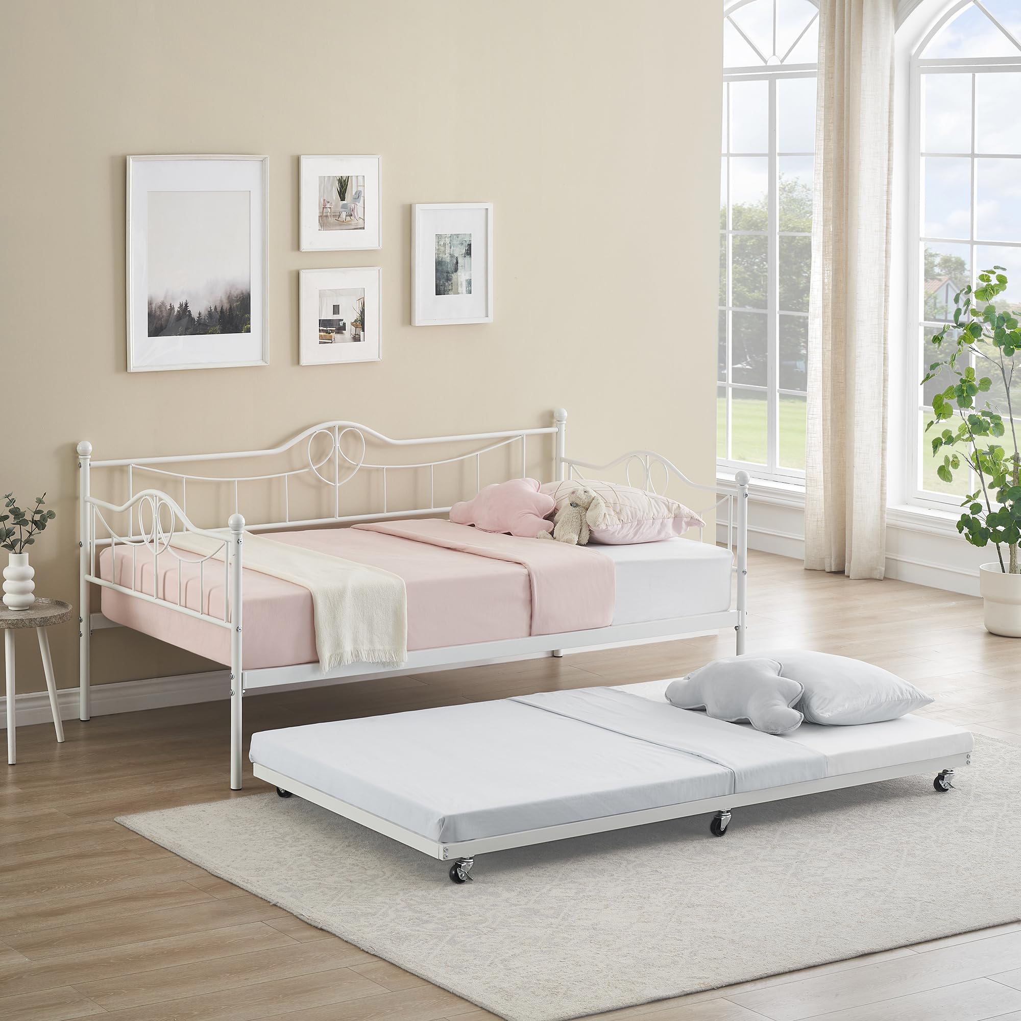 Twin Size Daybed with Trundle - Pull Out Twin Daybed Set, Sturdy Metal Frame with Steel Slat Support for Living Room & Bedroom - Easy Assembly in White | Perfect for Guest Rooms, Small Spaces & Multi-Functional Furniture Needs