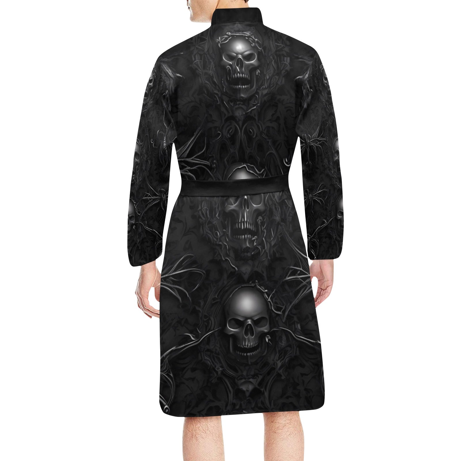Gothic Skull Belted Night Robe for Women - Elegant Lace Trim Black Sleepwear - Perfect for Halloween, Gothic Parties & Cozy Nights