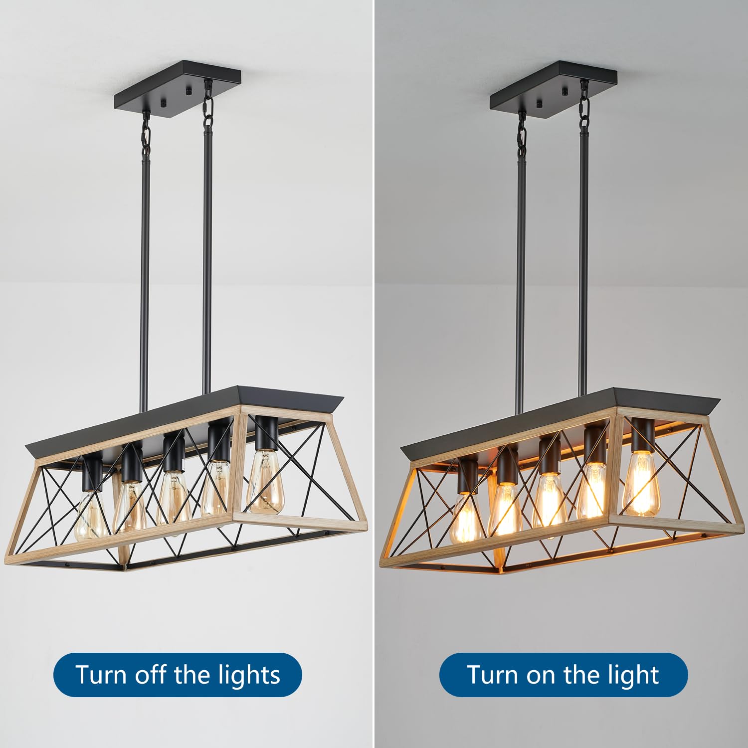 HuixuTe 5-Light Farmhouse Chandelier - Adjustable Height Rustic Wood Pendant Light for Kitchen Island & Dining Room Table | Perfect for Country Style Homes, Restaurants & Cabin Decor