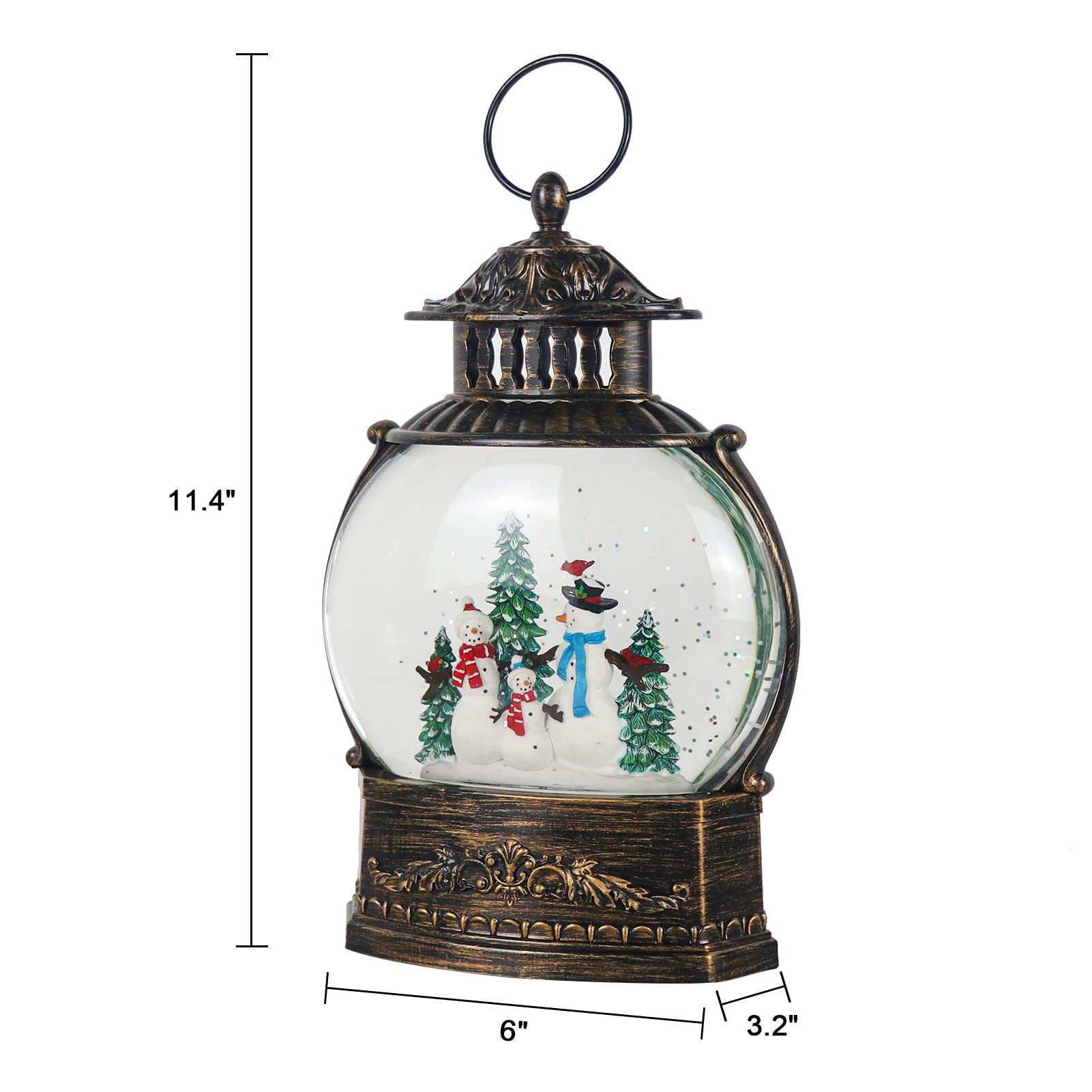 11.2 Inch USB/Battery Powered Rotating Snow Globe Lantern with Timer - Christmas Snowman Decor with Water Glitter & Music - Perfect for Holiday Home Decor, Gift Giving & Winter Tabletop Displays