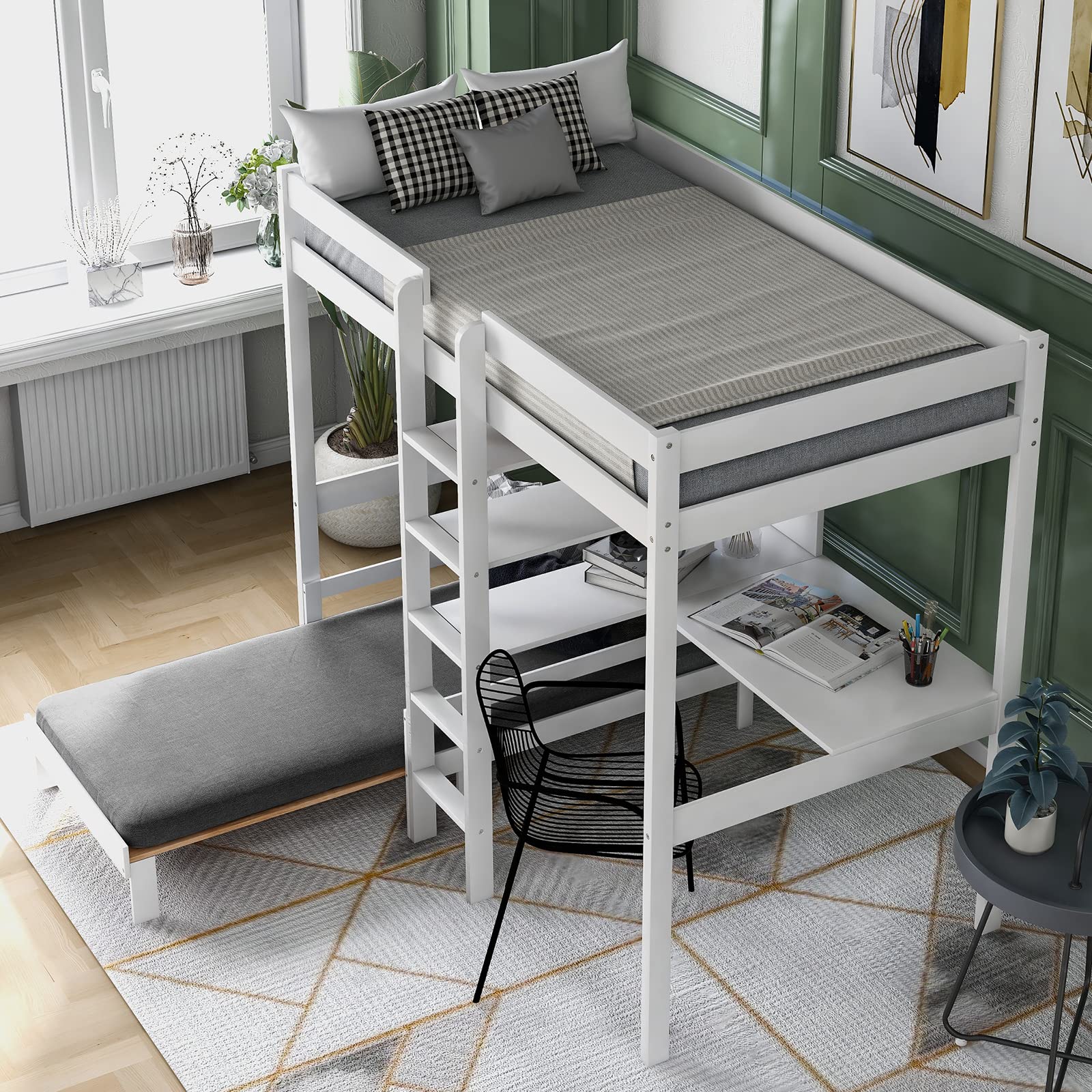 Multifunctional Wooden Loft Bed with Built-in Desk & Storage Shelves - Space-Saving Twin Over Twin Bunk Bed for Kids & Adults - Perfect for Small Bedrooms, Dorms & Studio Apartments