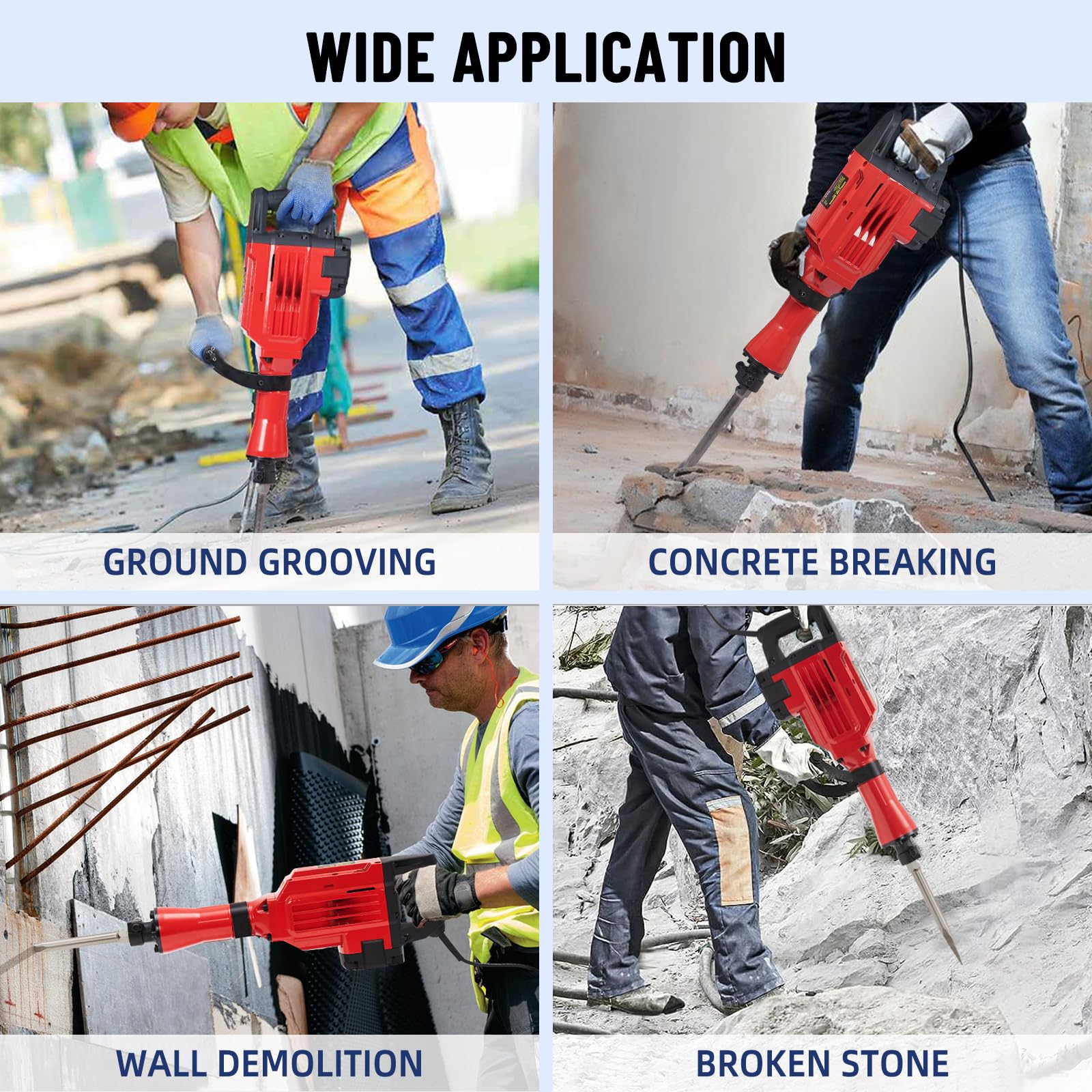 GARVEE 1700W Heavy Duty Demolition Jack Hammer - 1700 BPM Electric Demolition Tool with 3 Chisel Bits, Carrying Case & Safety Gloves - Perfect for Concrete Breaking, Trenching, and Construction Demolition Work