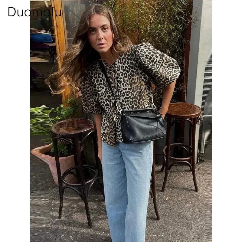 Duomofu Leopard Print Bow Tie Blouse for Women - Loose Fit Y2K Puff Sleeve Pleated Cropped Top | Summer Streetwear Fashion | Perfect for Casual Outings, Parties & Instagram Photos