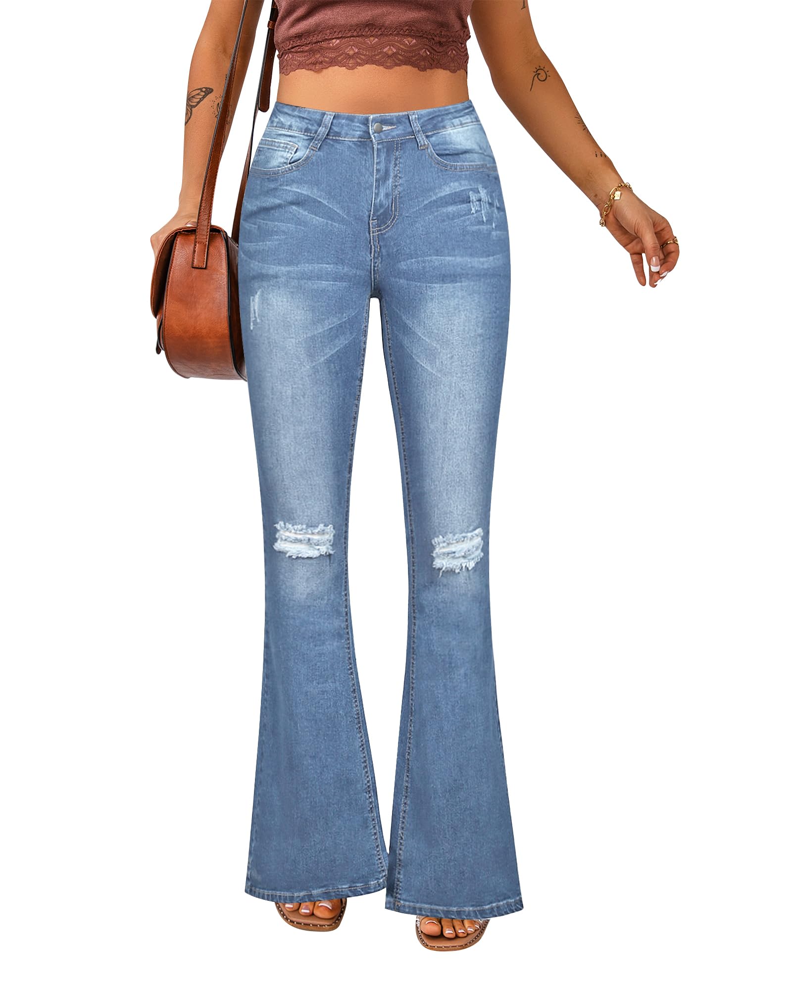 Luvamia Women's Ripped Flare Bell Bottom Jeans - Retro Wide Leg Denim Pants for Casual Outfits & 70s Vintage Style | Perfect for Parties, Dates, and Everyday Wear