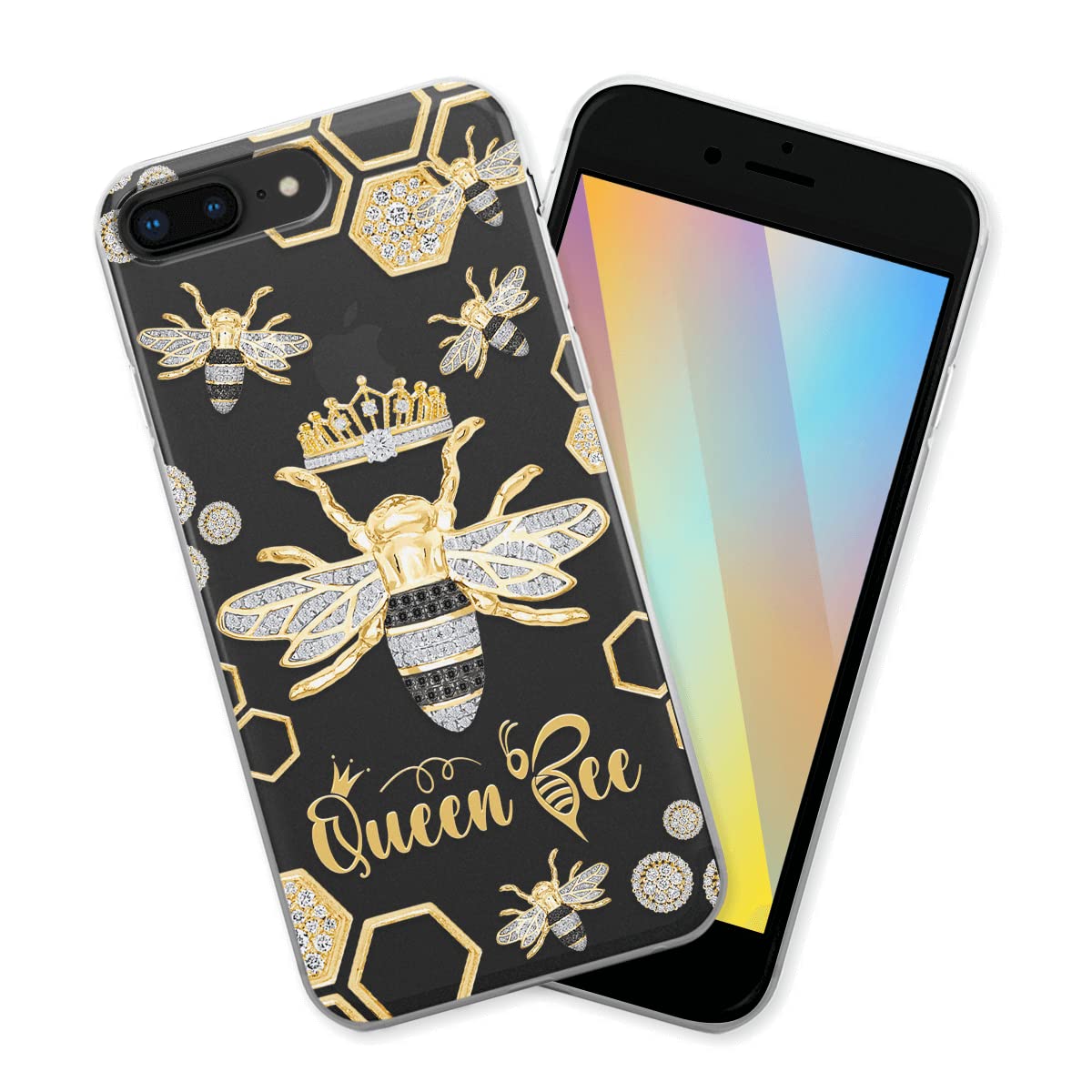 Sparkly Queen Bee Jewelry Phone Case with Crown Charm - Transparent Square Cover Compatible with iPhone 7 Plus/8 Plus | Elegant Protective Case for Women, Parties & Special Occasions