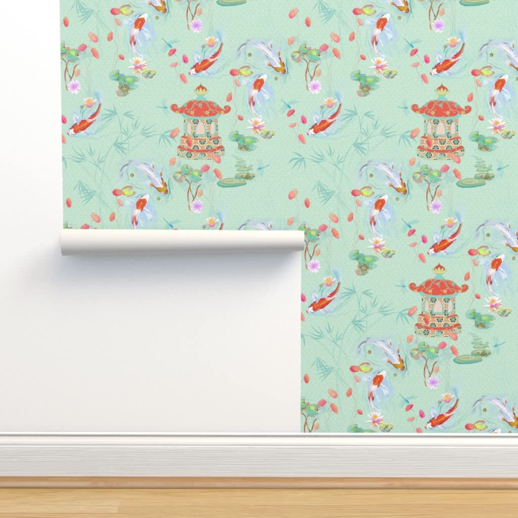 Japanese Water Garden Peel & Stick Wallpaper - Green Floral Bamboo & Koi Fish Design, Removable Custom Wallpaper by Spoonflower | Perfect for Bedroom, Bathroom & Home Decor