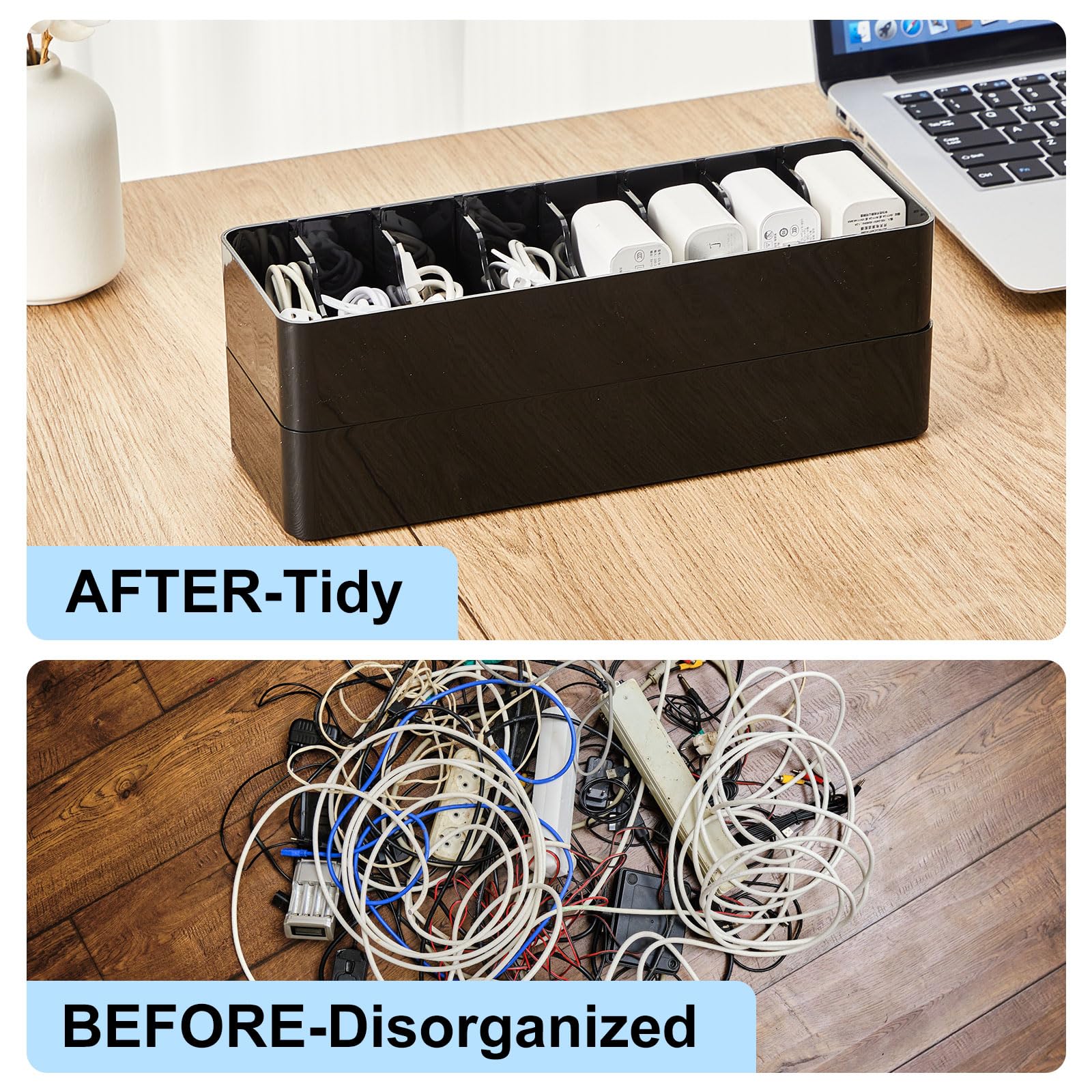 Tatuo 2-Pack Cable Organizer Set with 20 Wire Ties - Black Plastic Cord Storage Box with Lid for Home & Office Desk Organization - Perfect for Managing Computer Wires, Chargers & Electronic Cables