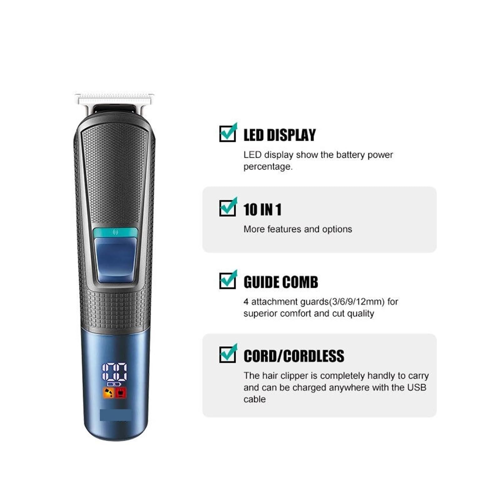 VGR V-108 Professional 5-in-1 Men's Grooming Kit - Electric Shaver, Beard Trimmer, Nose Hair Trimmer, Hair Clipper Set (Blue) - Perfect for Home Barbering, Travel & Personal Grooming