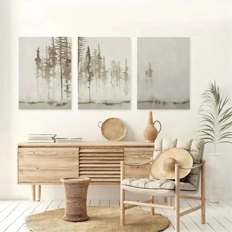 3-Piece Abstract Beige White Forest Tree Metal Wall Art Prints - Ready to Hang Nature-Inspired Decor for Living Room, Bedroom & Office