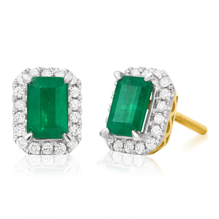 1.20 Carat Natural Emerald & 1/5 Carat Diamond Stud Earrings in 9K Yellow Gold - Elegant Jewelry for Women, Perfect for Weddings, Parties & Special Occasions