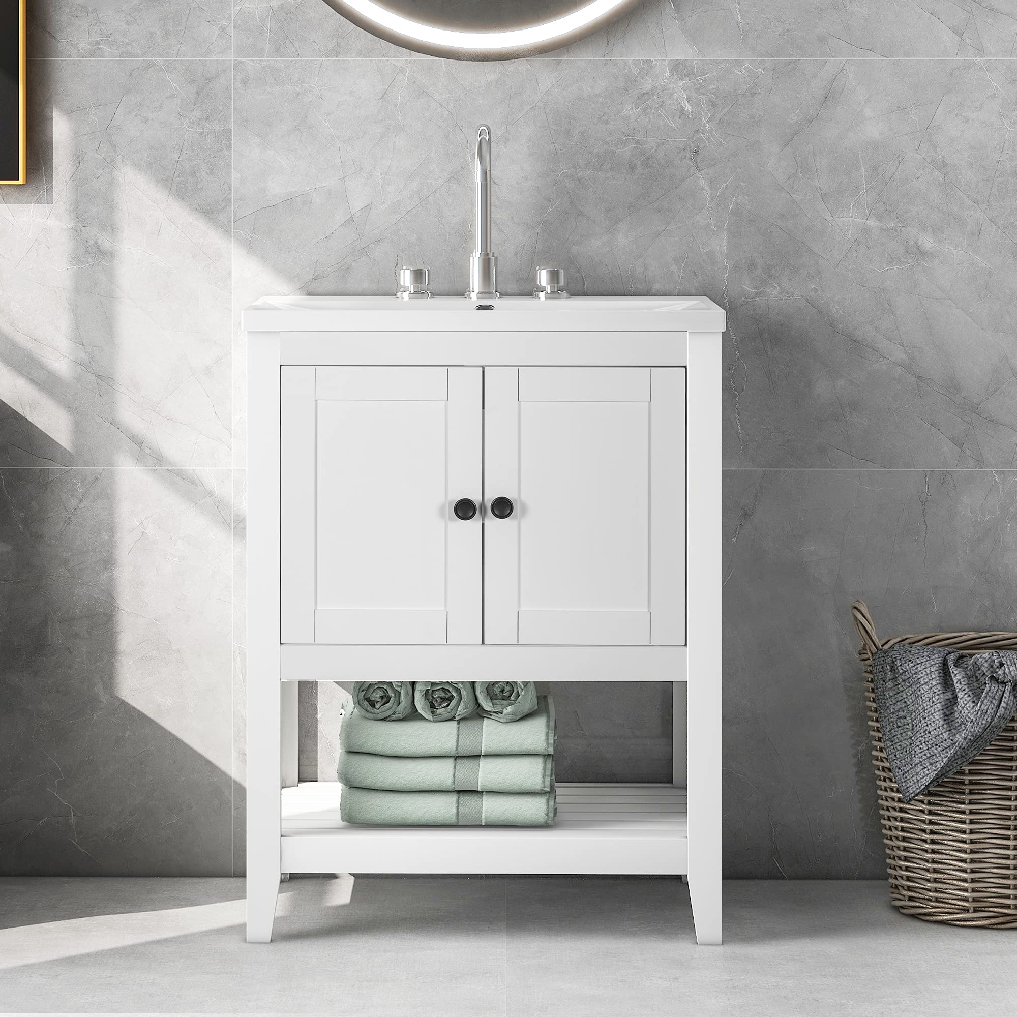 24 Inch White Modern Freestanding Bathroom Vanity with Undermount Ceramic Sink - Two Door Storage Cabinet with Open Shelf for Small Bathrooms | Space-Saving Bathroom Furniture for Apartments & Powder Rooms