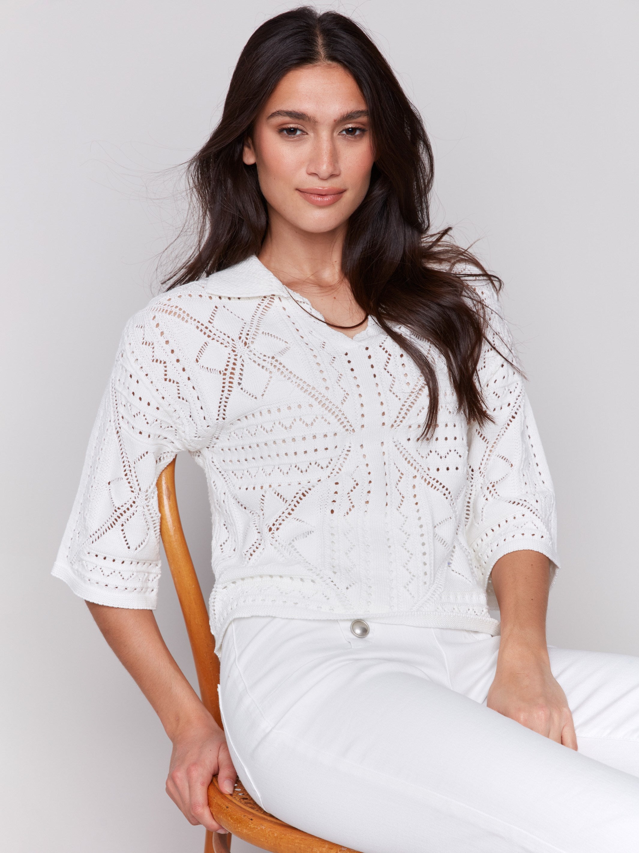 Johnny Collar Pointelle Sweater for Women - Soft Knit White Pullover - Perfect for Casual Outfits & Fall Layering