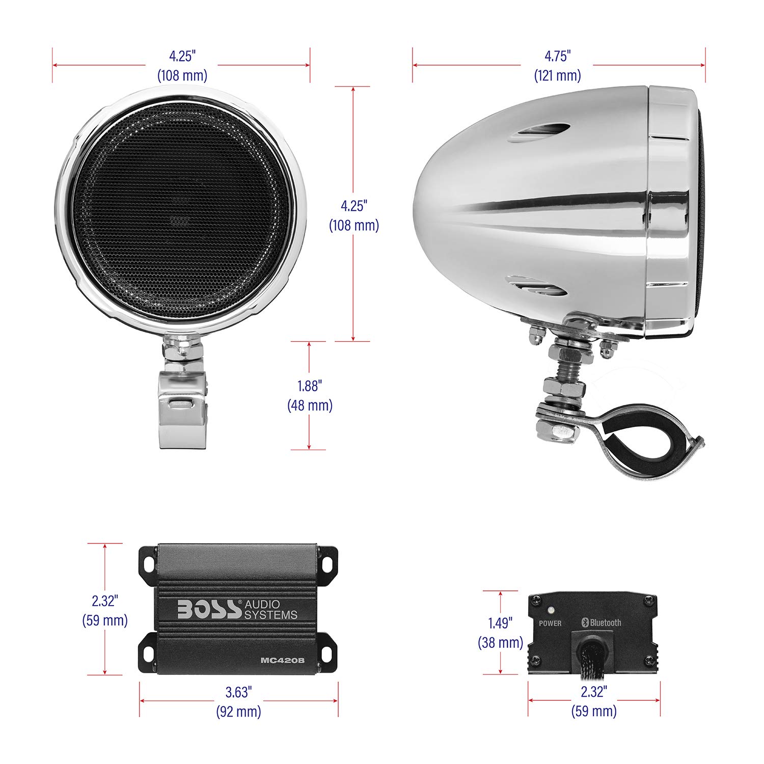 BOSS Audio Systems MC420B 3 Inch Waterproof Motorcycle Speakers with Class D Amplifier - Weatherproof ATV/UTV Sound System with Volume Control & Tweeter Compatibility - Perfect for Outdoor Adventures, Road Trips and Off-Road Vehicles
