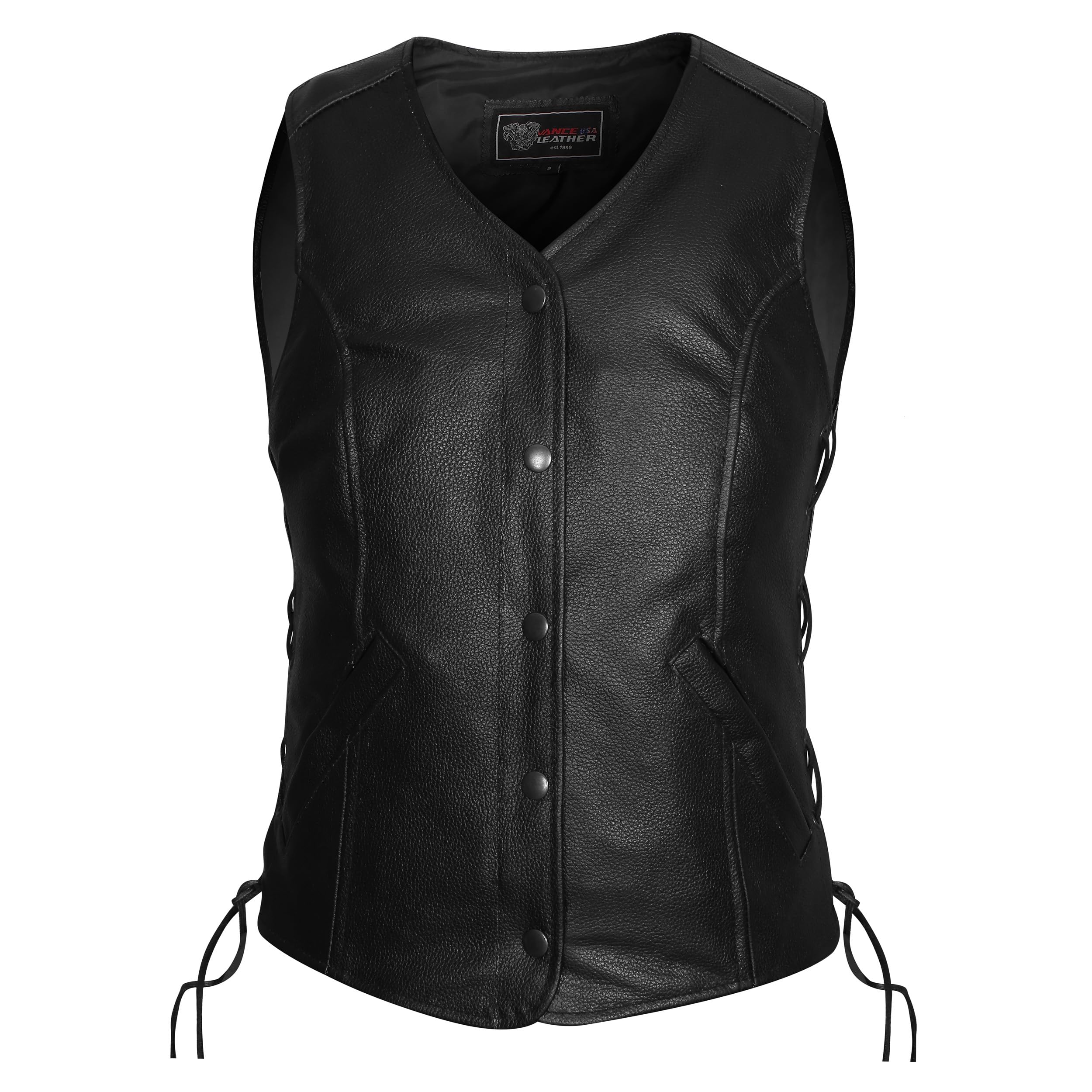 Vance VL1048S Women's Black Leather Motorcycle Vest - 5 Snap Closure, Adjustable Side Laces & Hidden Carry Pocket | Perfect for Biker Ladies, Motorcycle Riding, Outdoor Adventures & Concealed Carry