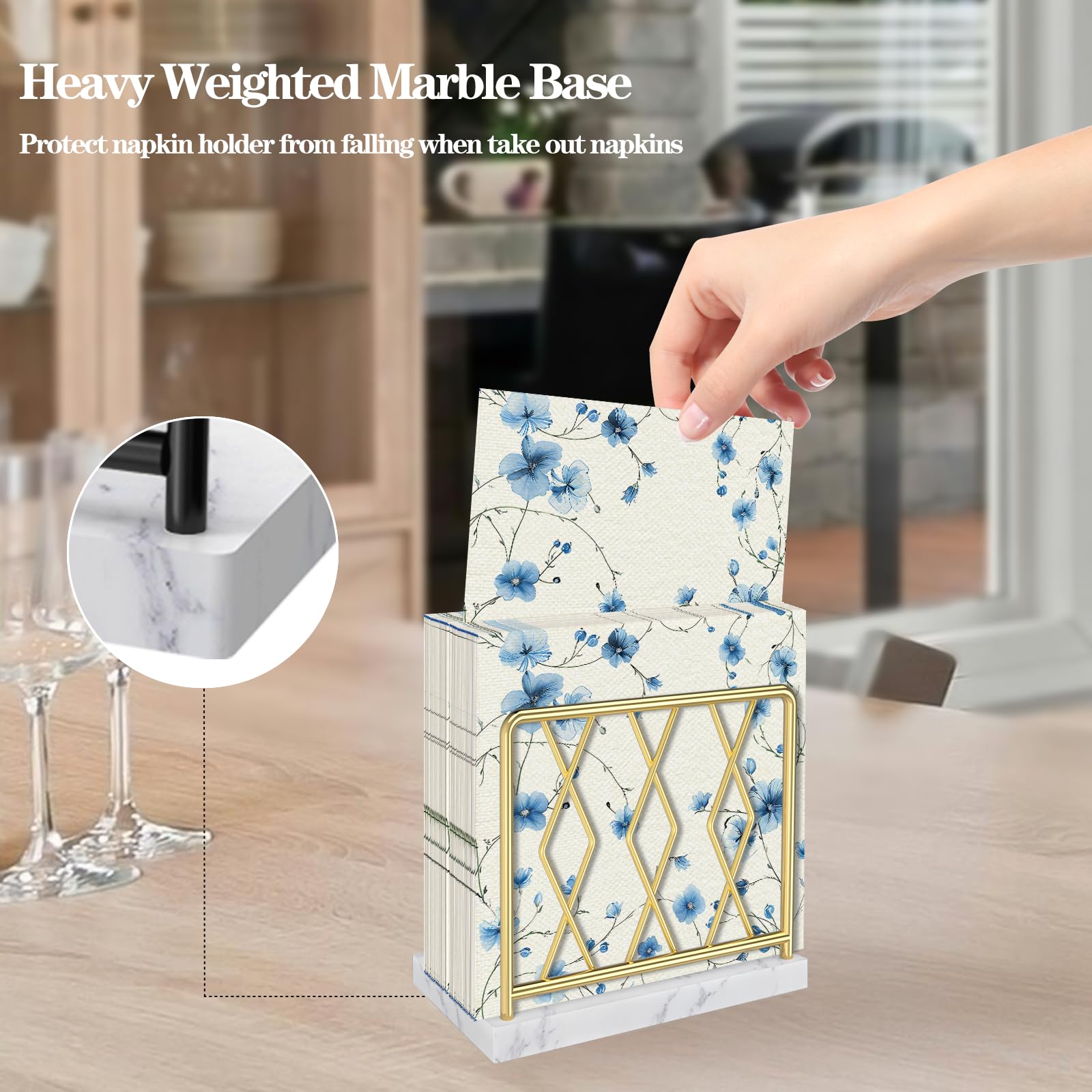 Elegant Marble Napkin Holder for Kitchen & Dining Table - Gold Metal Tissue Dispenser for Modern Home, Bar, Picnic & Cocktail Party Decor