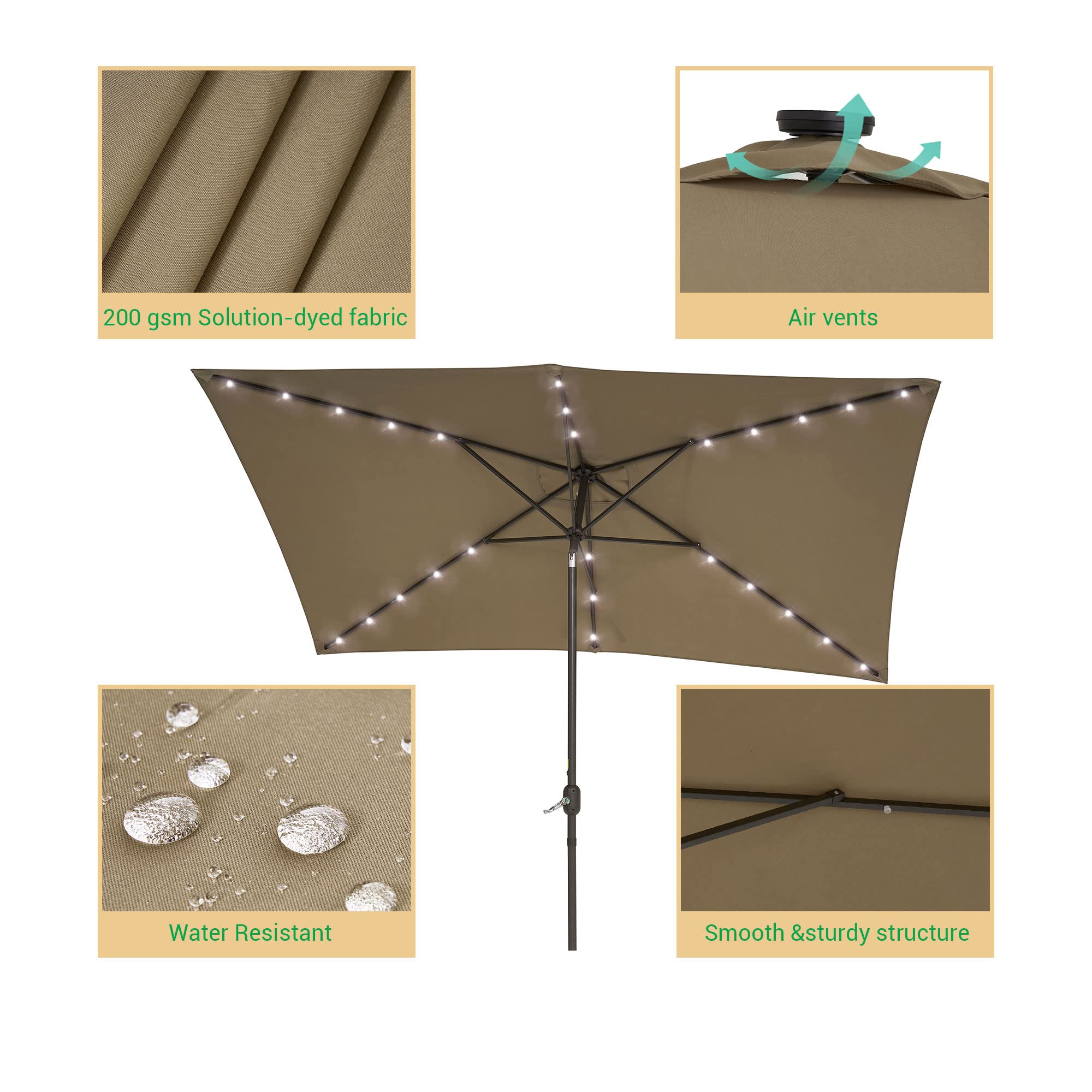 10x6.5ft Rectangle Solar Patio Umbrella with LED Lights - Tilt & Crank Outdoor Market Umbrella, 6 Sturdy Ribs, UV Protection & Waterproof - Perfect for Garden, Deck, Backyard, Poolside Dining & Outdoor Relaxation