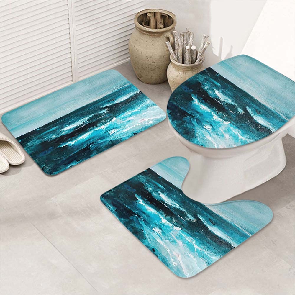 Abstract Ocean Art 3-Piece Bathroom Rug Set - Non-Slip Bath Mat, Toilet Cover & U-Shaped Contour Mat - Watercolor Oil Painting Design for Coastal & Modern Bathroom Decor
