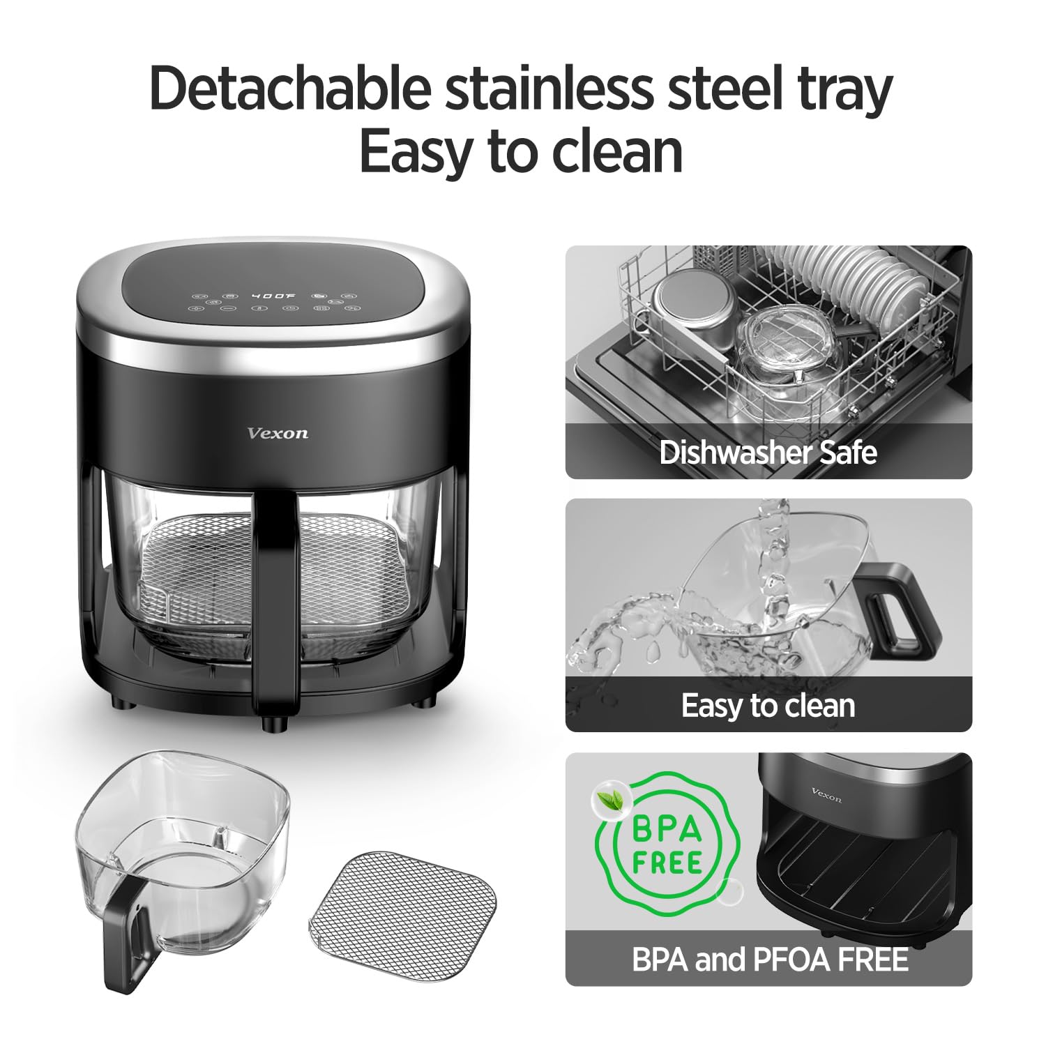 Vexon 6-IN-1 Glass Air Fryer Oven - 4.5QT Large Capacity with Viewing Window for Air Frying, Roasting, Reheating & Dehydrating | Nonstick Dishwasher Safe Basket, Digital Timer & 97% Less Oil Technology | Perfect for Healthy Cooking, Meal Prep & Family Dinners