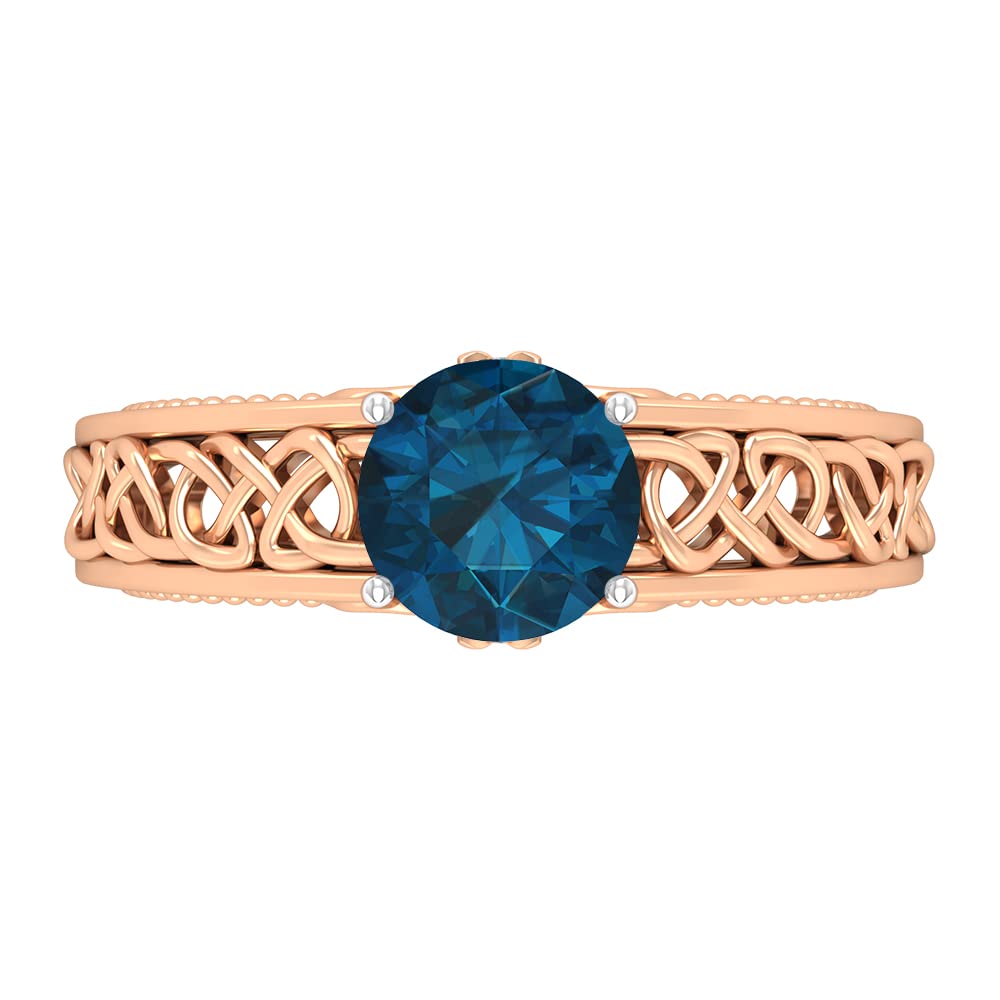1.50 Carat London Blue Topaz Vintage Celtic Band Ring with Moissanite in 14K Solid Gold - Elegant Wedding, Engagement & Anniversary Jewelry Gift
