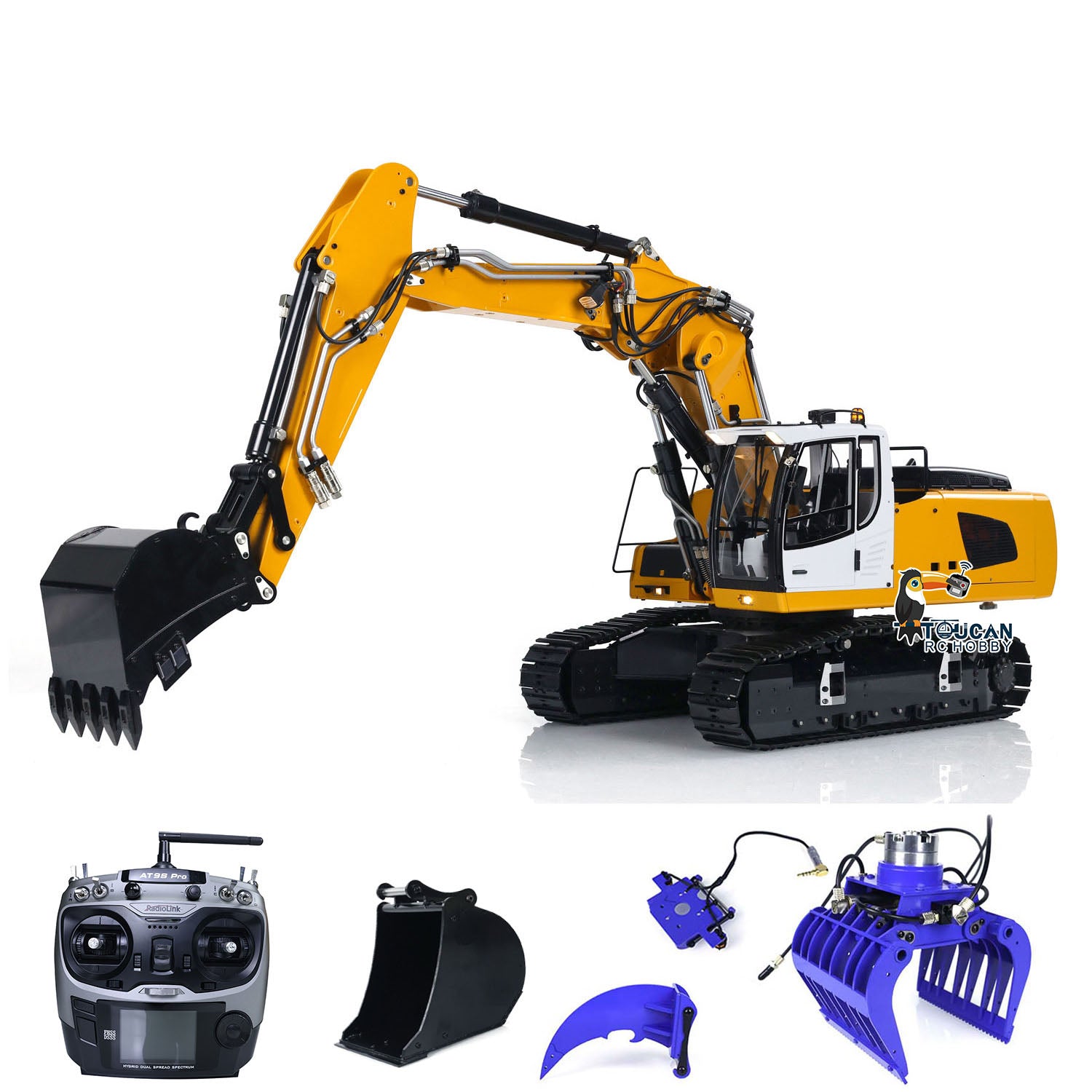 MTM 1/14 Scale 946 3 10CH RC Hydraulic Excavator Toy - 3 Arms Metal Digger with Ripper & Grab Bucket, Assembled & Painted Model for Construction Enthusiasts - Perfect for Kids Play, Collectors Display and Construction Simulation
