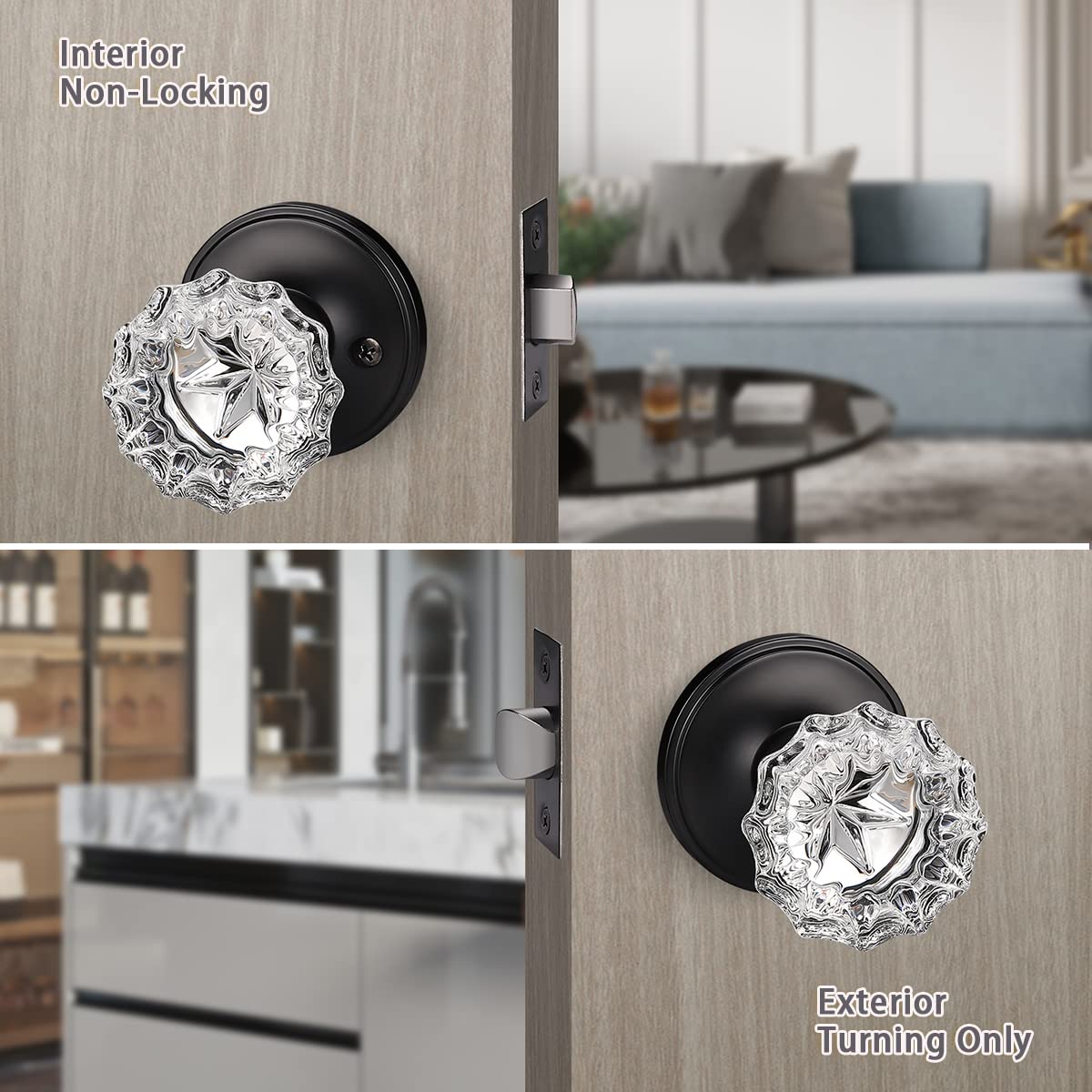 KNOBWELL 10 Pack Classic Crystal Rosette Door Knobs - Matte Black Finish for Hallway, Closet & Interior Doors | Durable Passage Function Hardware for Home & Office Decor