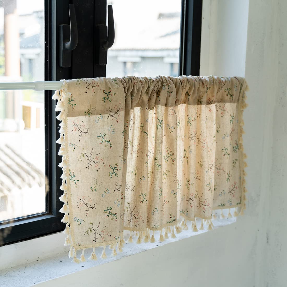 Boho Floral Printed Valance Curtains with Tassels - Cotton Linen Semi Sheer Rod Pocket Short Kitchen Cafe Curtains - 1 Panel (52