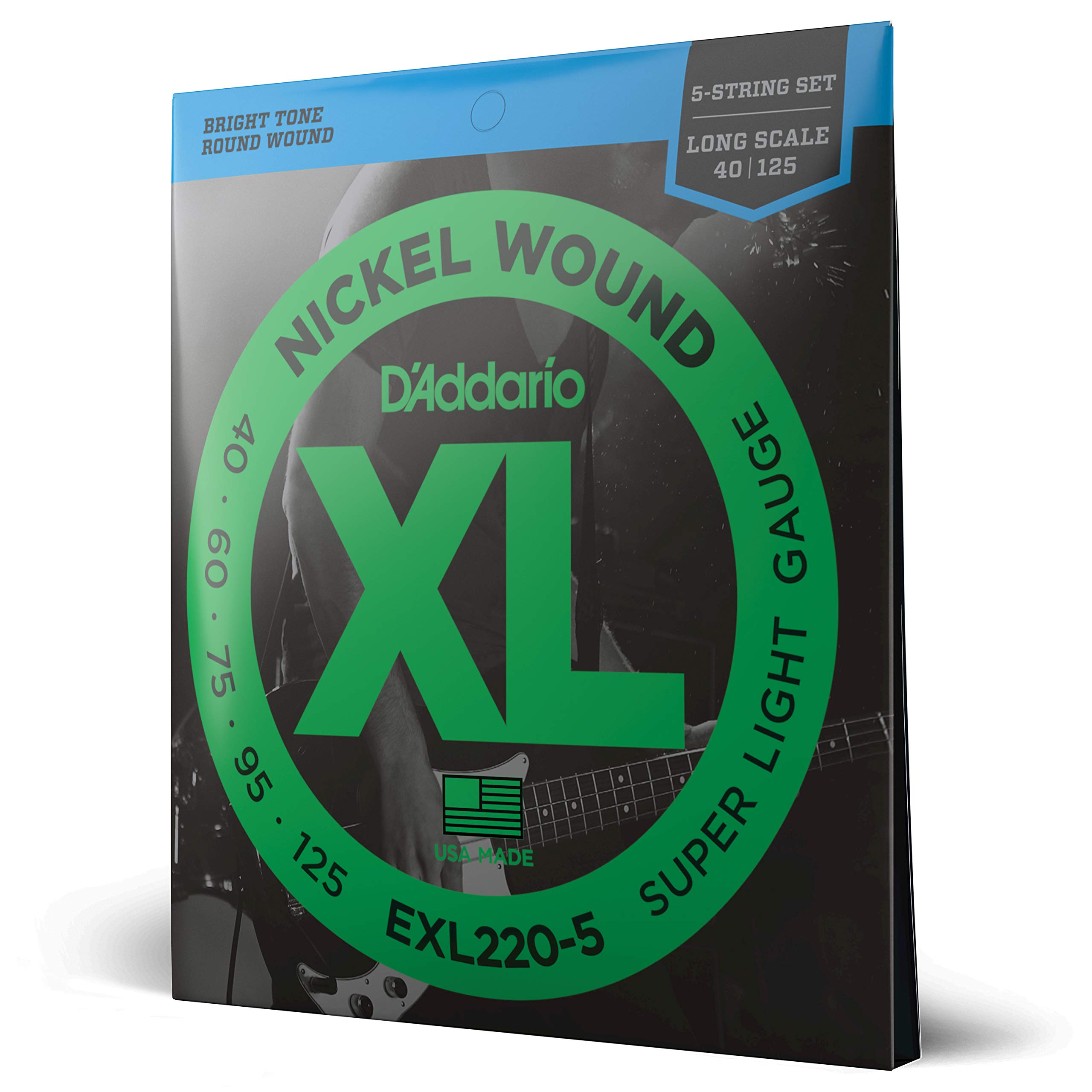 D'Addario EXL220-5 XL Nickel Bass Guitar Strings - Super Light 40-125 Gauge for 5-String Bass - Enhanced Intonation, Consistent Feel & Long-Lasting Durability - Ideal for Live Performances, Studio Recording & Bass Practice Sessions