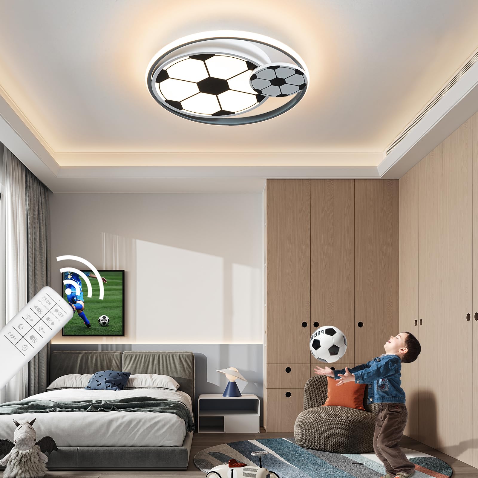 Modern LED Ceiling Light for Kids Room - Dimmable Soccer Flush Mount Light with Remote Control, 17