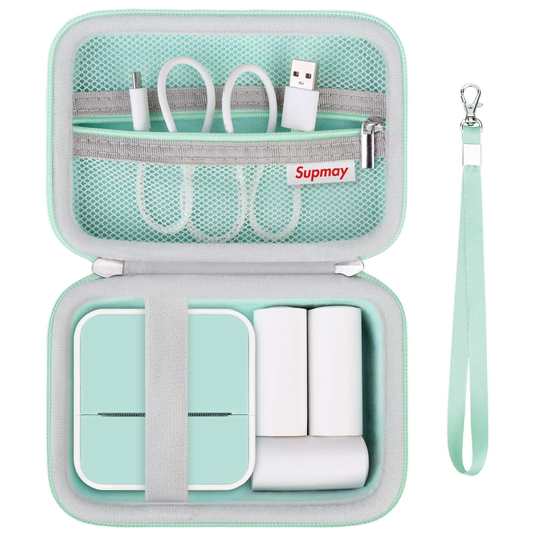 Durable Hard Carrying Case for Anycash Sticker Printer - Protective Travel Case for Printpods Mini Bluetooth Inkless Printer with Mesh Pocket, Holds 3 Sticker Rolls & USB Cable (Green) - Perfect for Travel, School & Craft Projects