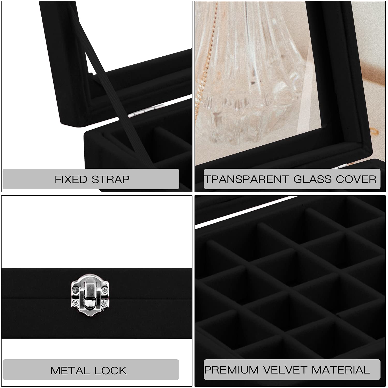 Lainrrew 24 Grid Velvet Jewelry Organizer Box - Jewelry Display Case for Earrings, Rings, Necklaces & Bracelets - Elegant Storage Solution for Women & Girls (Black) | Perfect for Travel, Home Vanity & Gift Giving