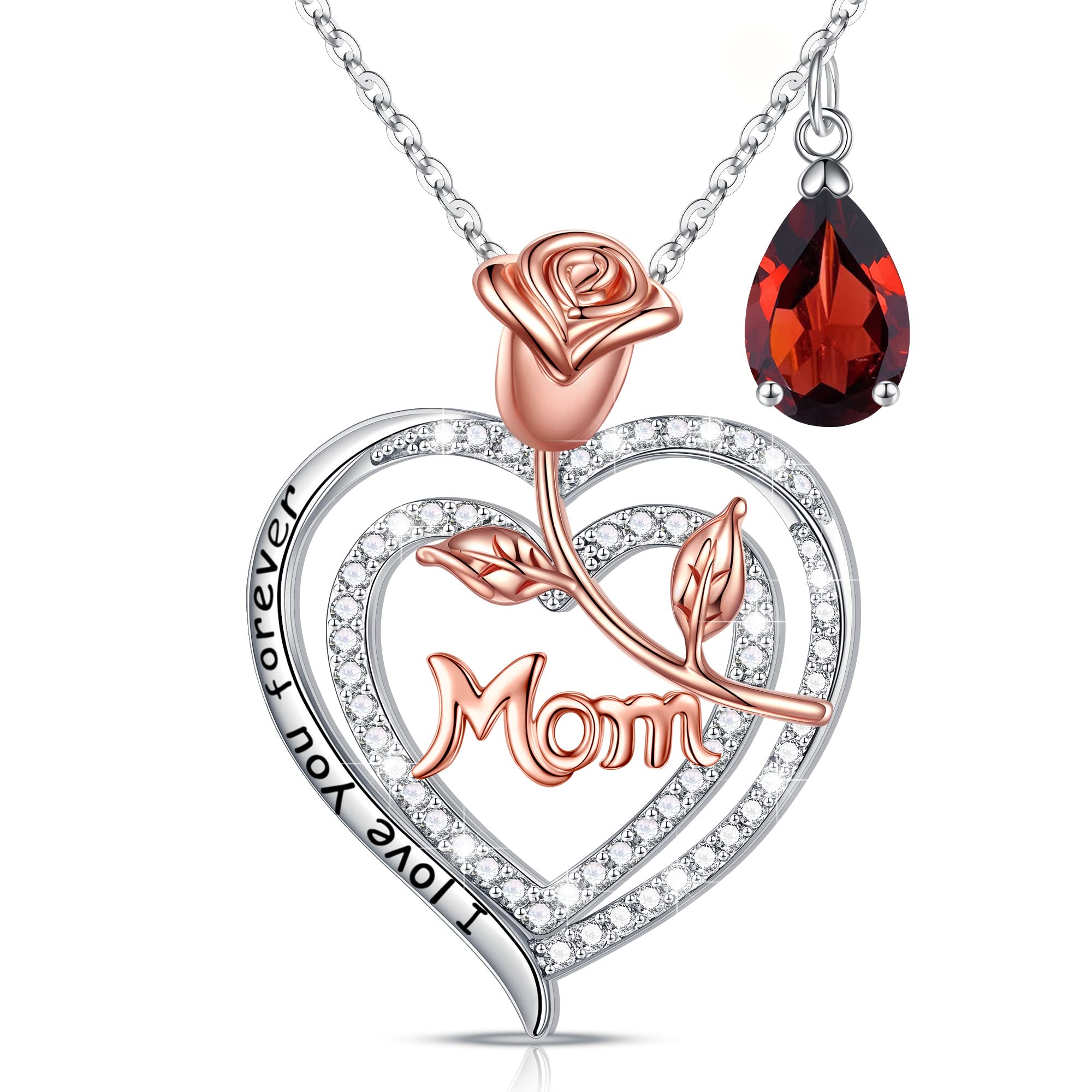925 Sterling Silver Heart Rose Birthstone Necklace for Mom - Mothers Day, Christmas, Valentines & Birthday Gift for Women, Bonus Mom & New Mom from Daughter | Elegant Jewelry for Special Occasions & Daily Wear