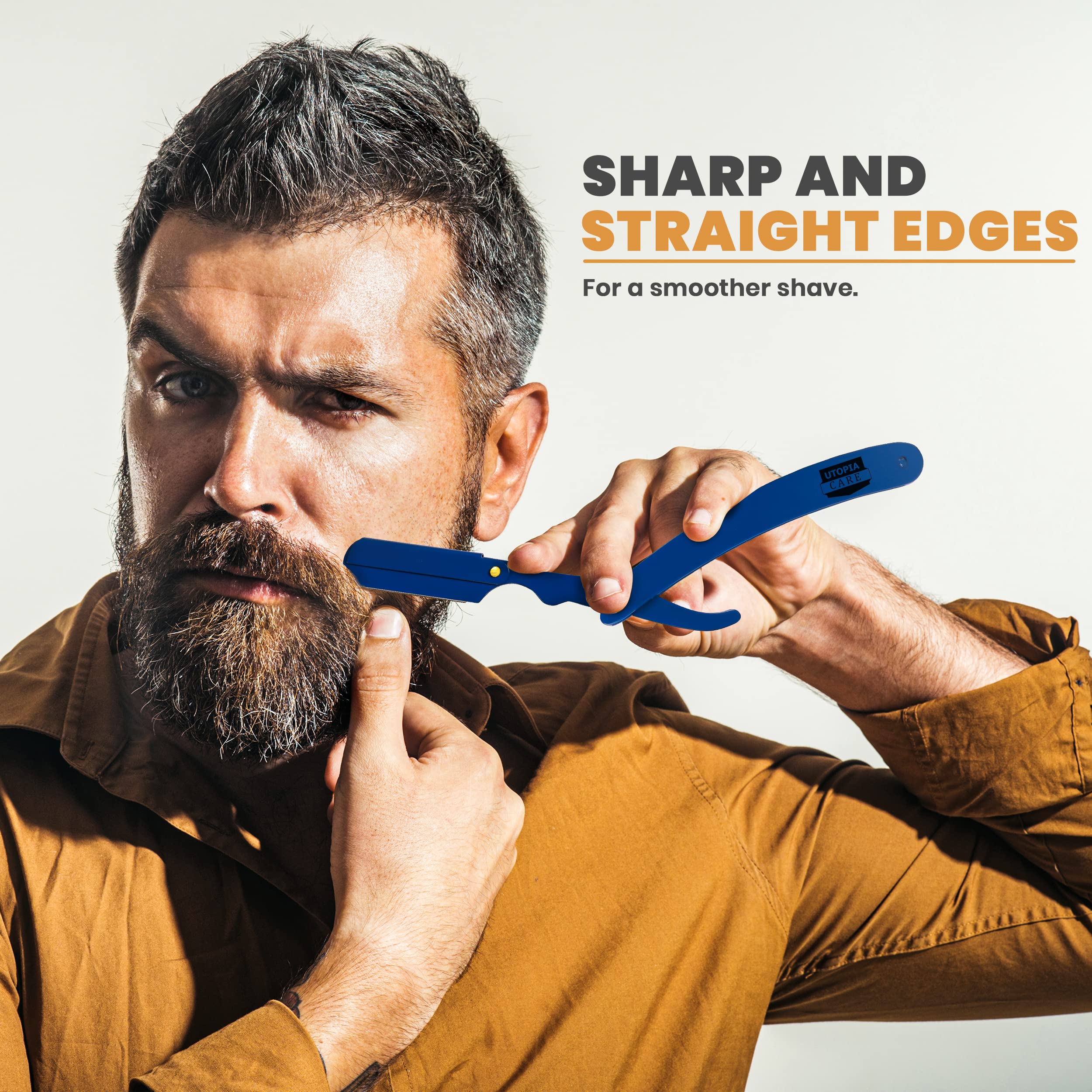 Utopia Care Professional Straight Razor for Men - Barber Quality Safety Straight Edge Razor with 100 Pack Stainless Steel Blades (Blue) - Perfect for Shaving, Grooming & Beard Trimming at Home or Salon