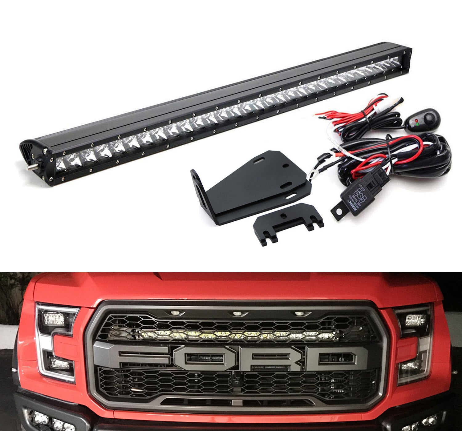 150W 30-Inch LED Light Bar with Hidden Behind Grill Mounts & Wiring Kit - Compatible with 2017-2020 Ford Raptor - Perfect for Off-Roading, Truck Lighting & Night Driving