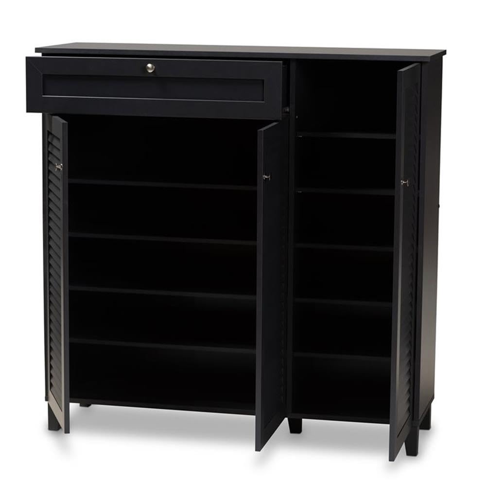 Baxton Studio Coolidge Modern 11-Shelf Shoe Storage Cabinet with Drawer - Dark Grey Wooden Organizer for Entryway, Bedroom & Closet Organization