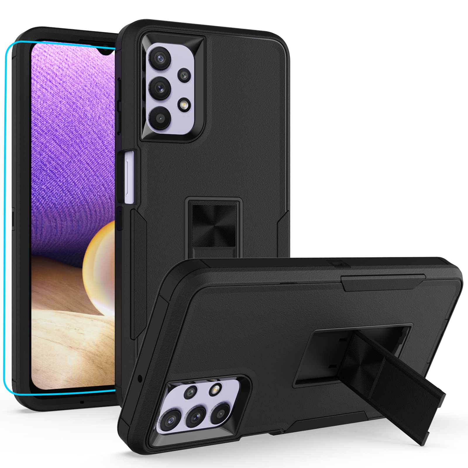 MDCN Samsung Galaxy A32 5G Case - Military Grade Heavy Duty Protective Cover with HD Screen Protector, Magnetic Ring & Kickstand - Car Mount Compatible Armor Phone Case for Samsung A32 5G (Black) - Perfect for Outdoor, Travel & Daily Protection