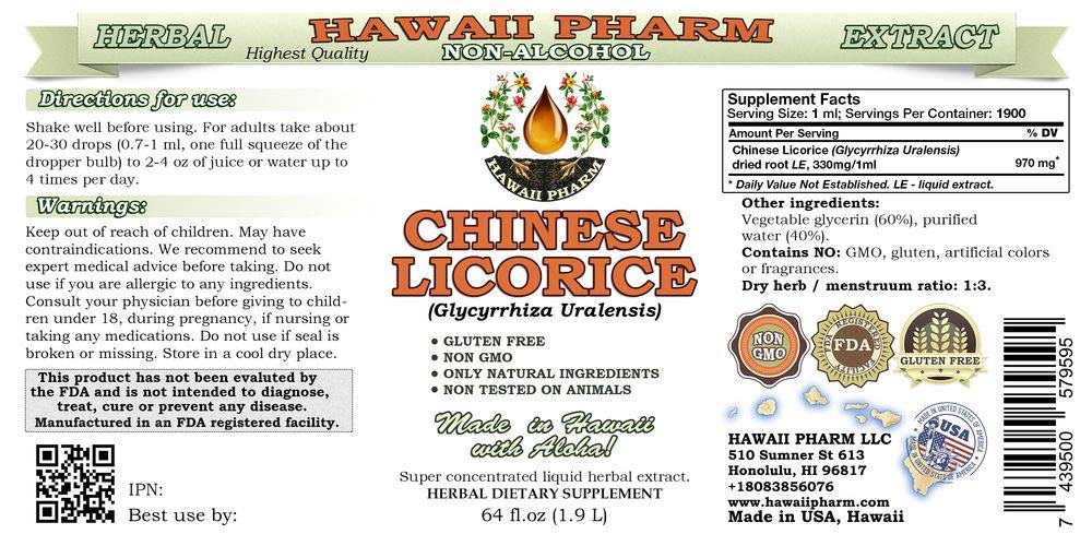 Organic Chinese Licorice Root Alcohol-Free Liquid Extract (Glycyrrhiza Uralensis) | Natural Herbal Supplement by Hawaii Pharm | 64oz Glycerite for Digestive Support, Immune Boost & Stress Relief | Perfect for Tea, Smoothies & Herbal Remedies