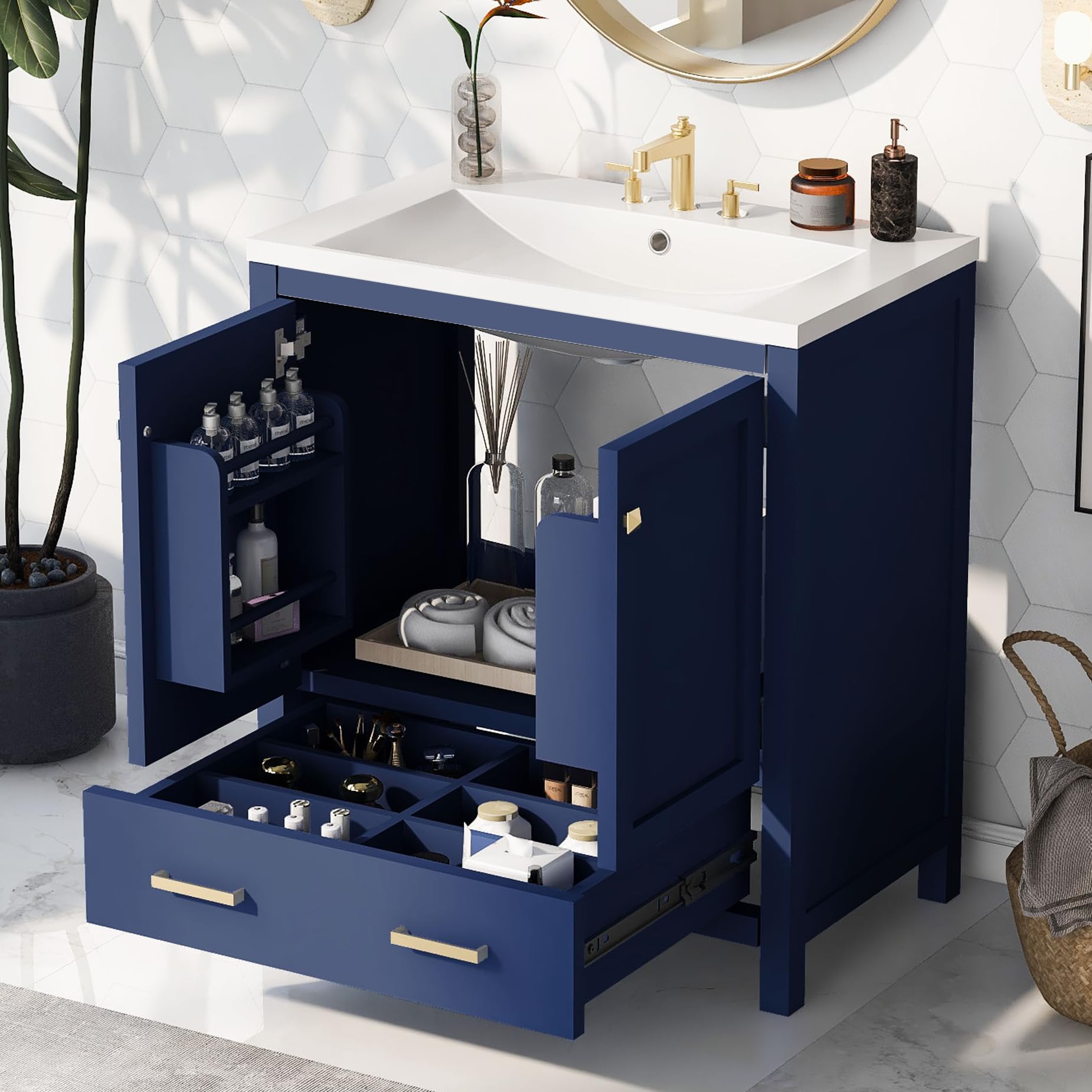 30 Inch Navy Blue Merax Bathroom Vanity with Sink - 2 Door Storage Cabinet with Drawer, Multifunctional Bathroom Sink Cabinet (30