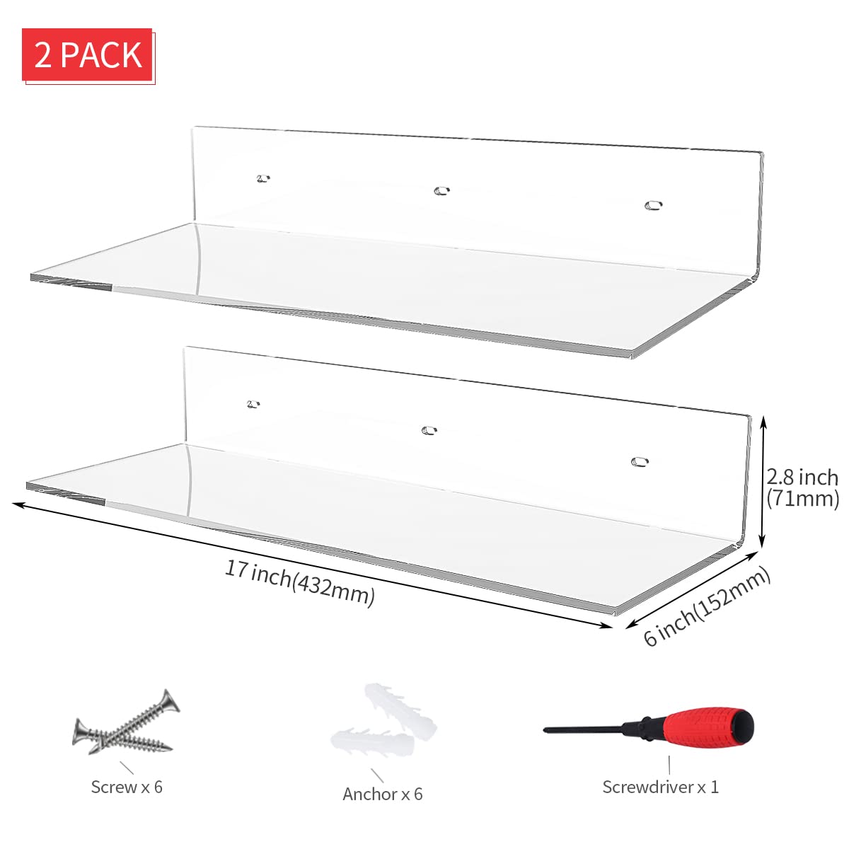 17 Inch Clear Acrylic Wall Mounted Shelves - 2 Pack Display Shelves for Bedroom, Funko Pop Collectibles, Books, Plants & Speakers - Modern Floating Shelf for Home Decor & Organization