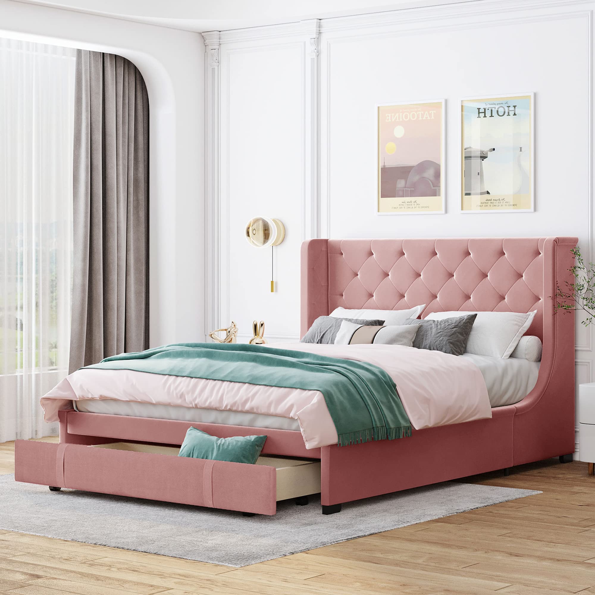 Harper & Bright Designs Queen Size Velvet Upholstered Platform Bed with Storage Drawer & Wingback Headboard - No Box Spring Needed, Pink - Perfect for Bedroom, Guest Room & Small Space Living