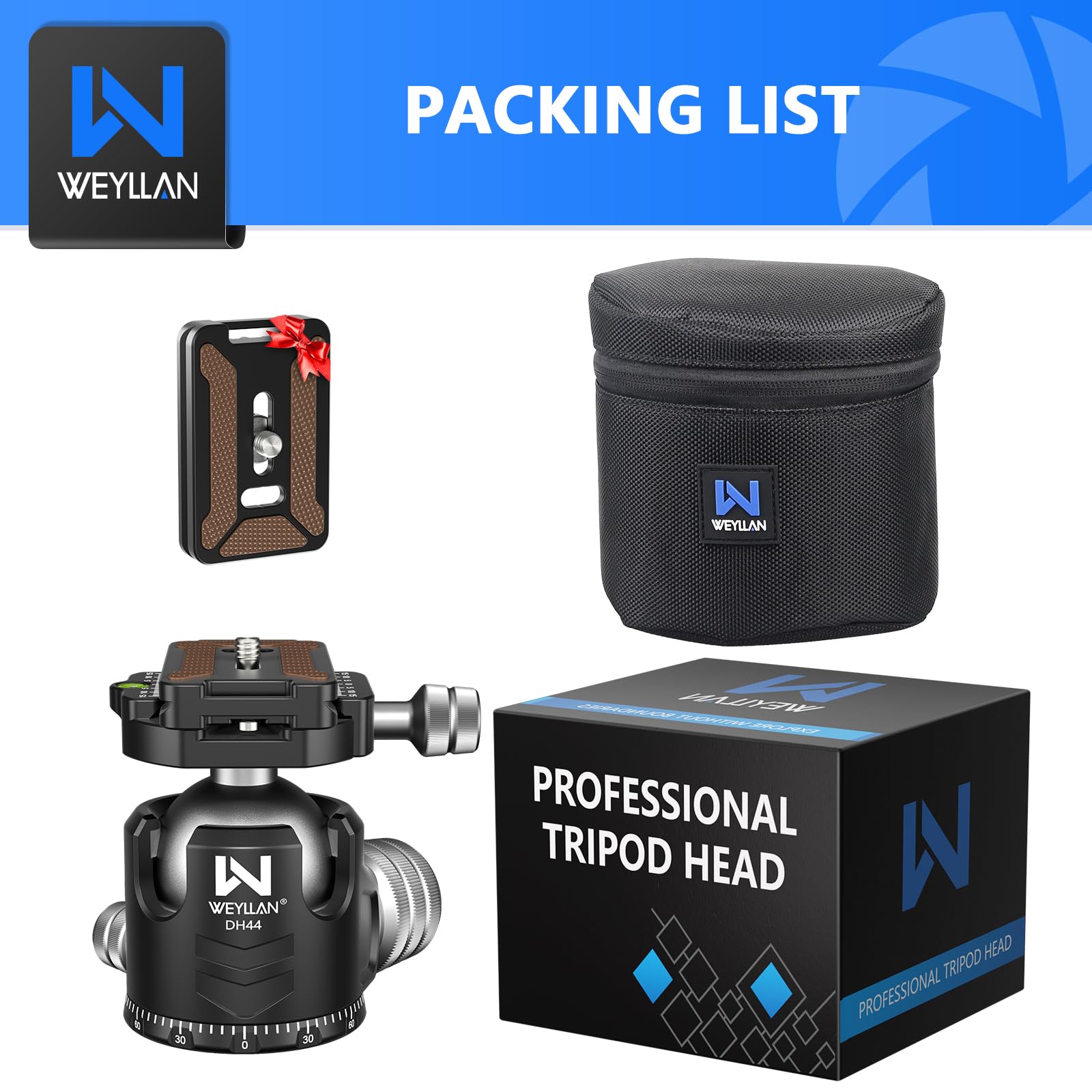 WEYLLAN DH44 44mm Low Profile Ball Head - 360° Metal Panoramic Tripod Head with 2 Quick Release Plates, Arca Compatible for DSLR Camera, Max Load 55lbs/25kg - Perfect for Landscape, Portrait & Travel Photography