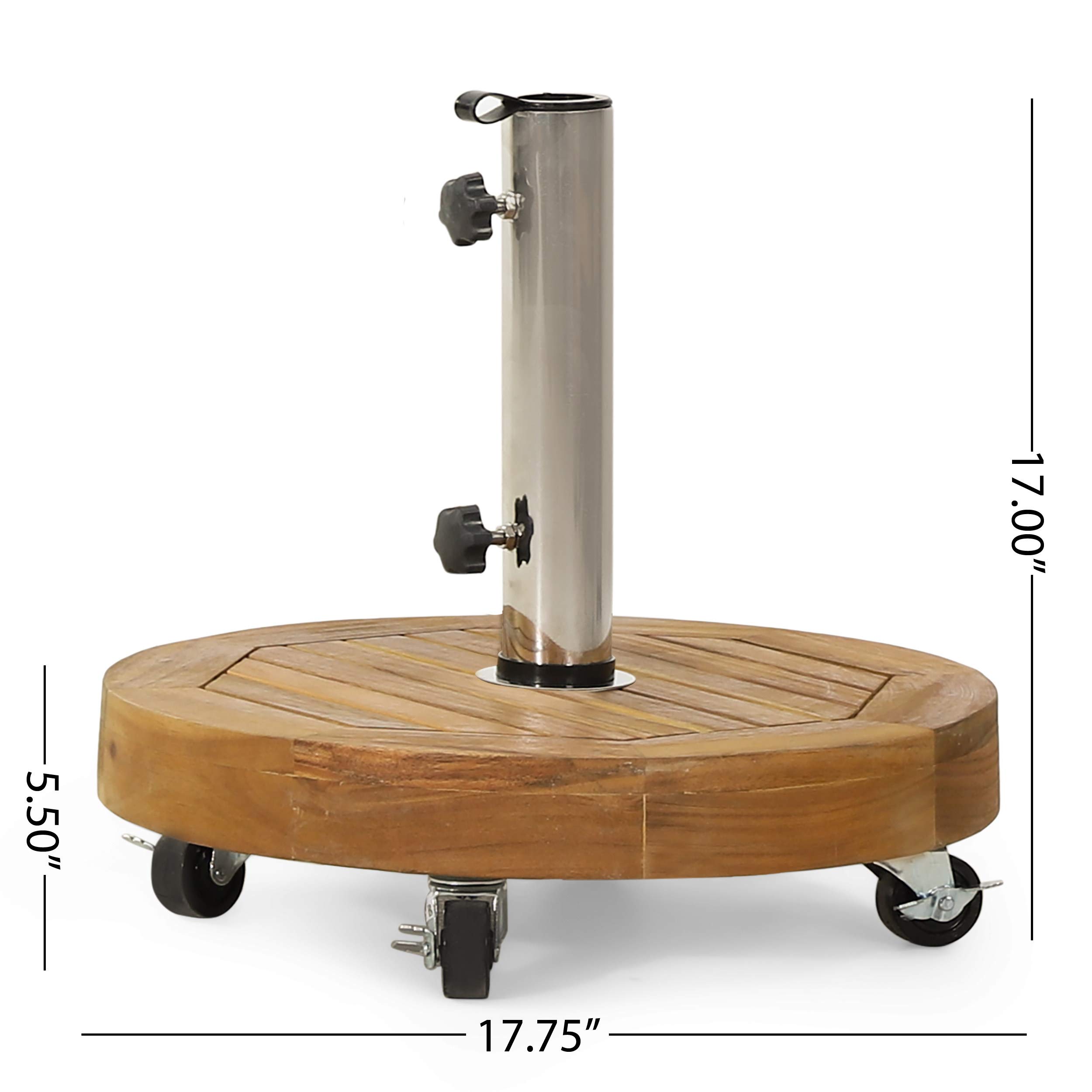 Christopher Knight Home 314641 Ralph Outdoor Umbrella Base - 17.75 Inch Heavy Duty Teak & Stainless Steel Weighted Stand - Perfect for Patio, Poolside, Garden, and Backyard Use