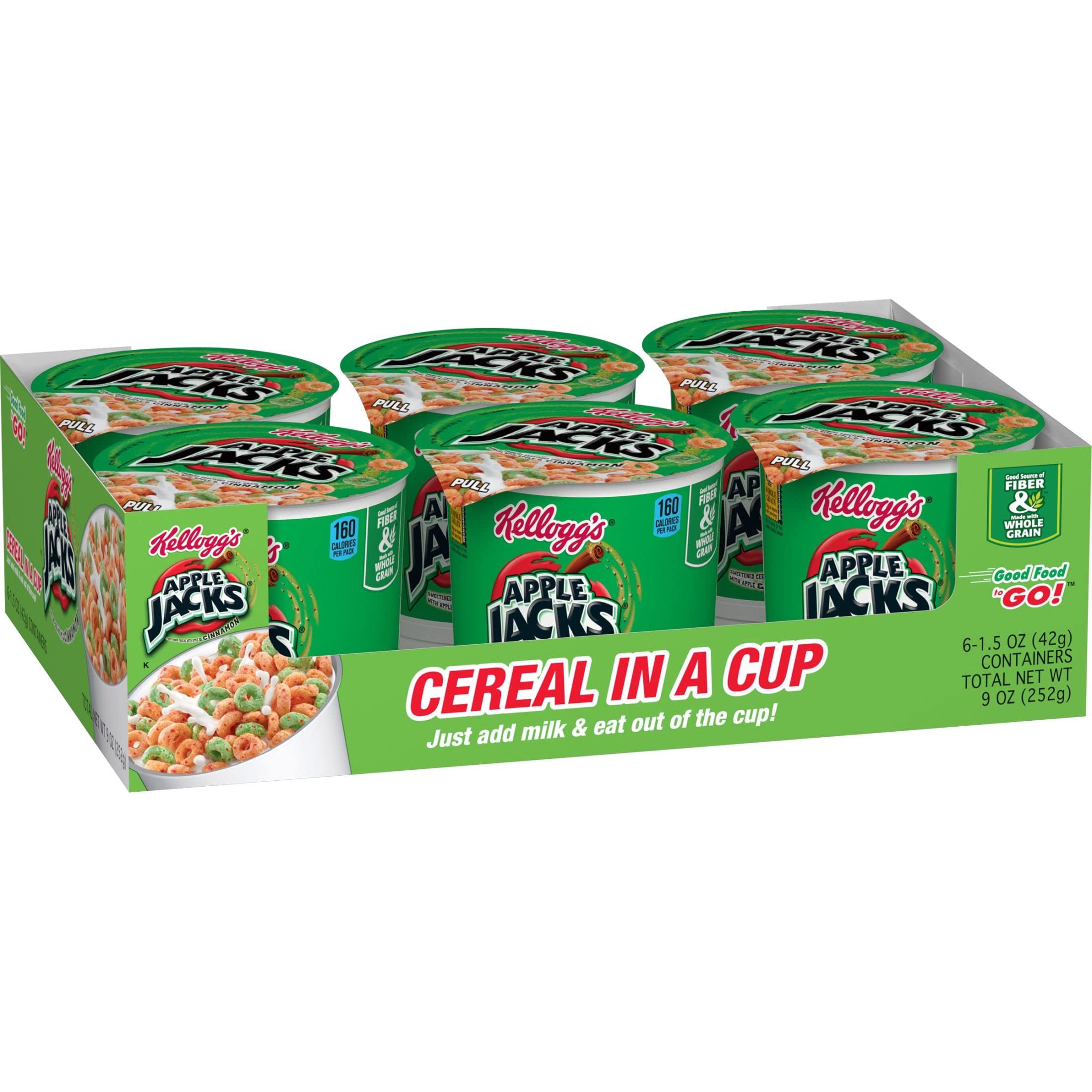 Kellogg's Apple Jacks Breakfast Cereal Cups - Original Flavor, 18oz Case (12 Cups) with 8 Vitamins & Minerals | Healthy Kids Snacks for School Lunch, After School Treat & Family Breakfast | Crunchy Apple Cinnamon Cereal for On-the-Go Eating
