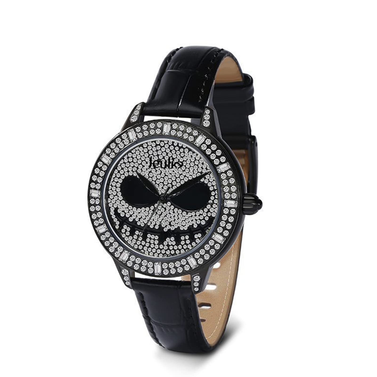 Jeulia Genuine Diamond Skull Watch - Slim Black Leather Strap, Stainless Steel Case, Quartz Movement, Tempered Glass - Unisex Sports & Business Watch for Men & Women - Perfect for Casual Wear, Office & Special Occasions