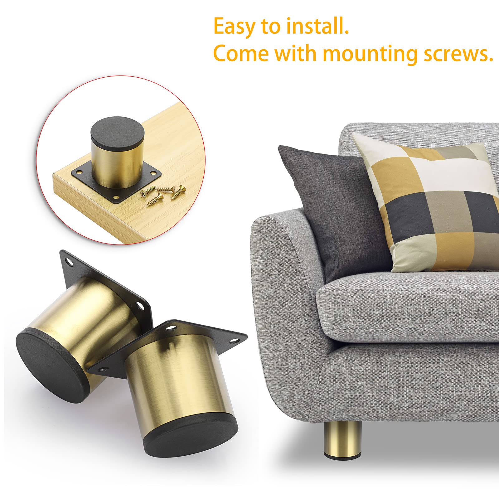 OwnMy 4PCS 2 Inch Stainless Steel Furniture Legs - Heavy Duty Golden Round Metal Feet for Cabinets, Desks, Coffee Tables, Sofas, TV Stands & Dressers - Durable Replacement Legs for Home & Office Furniture