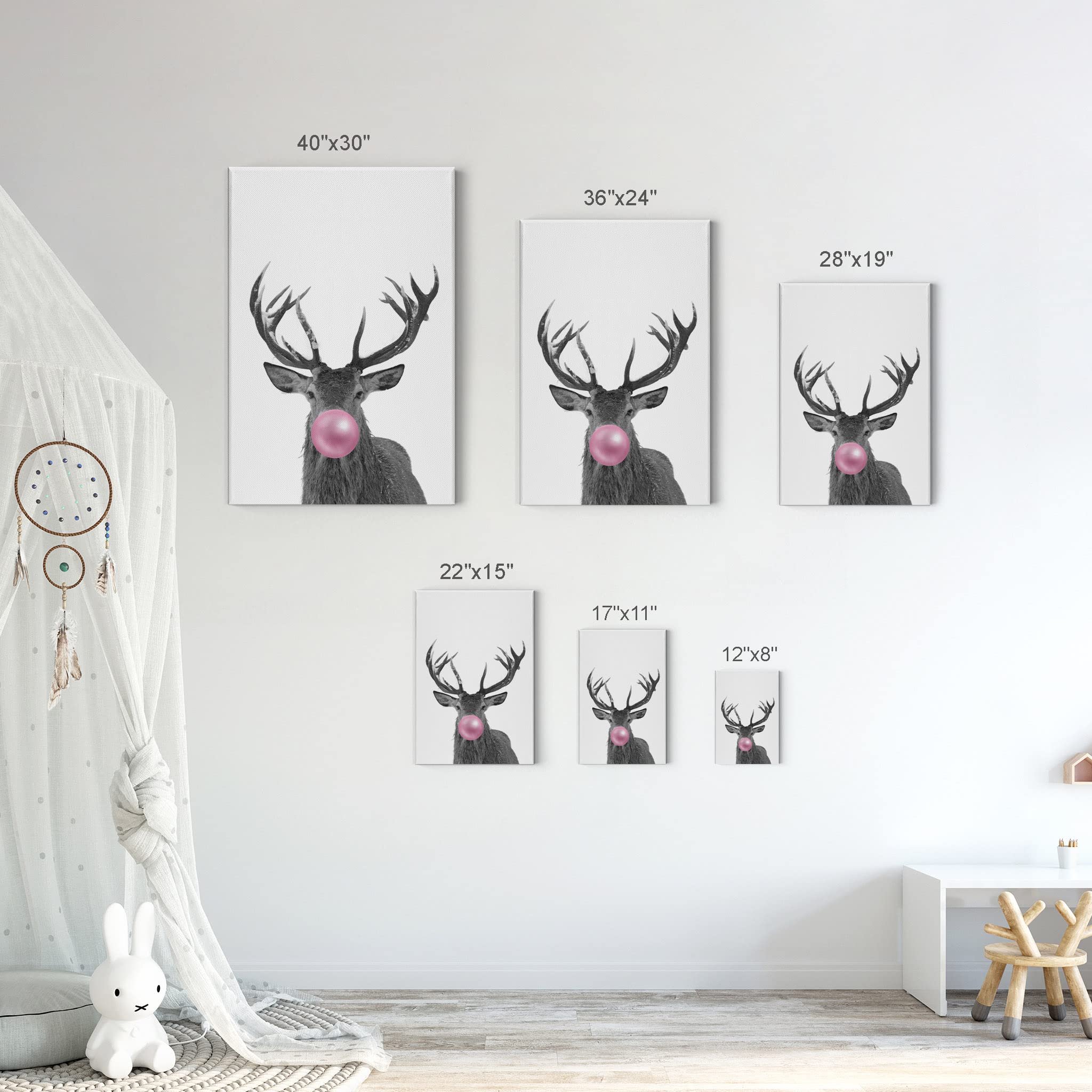 Smile Art Design Reindeer Animal Decor Bubble Gum Art Pink Canvas Print - Black and White Wall Art for Kids, Nursery Room Decor - Made in USA (40x30 Inches, Rolled) - Perfect for Baby Showers, Children's Bedrooms & Playrooms